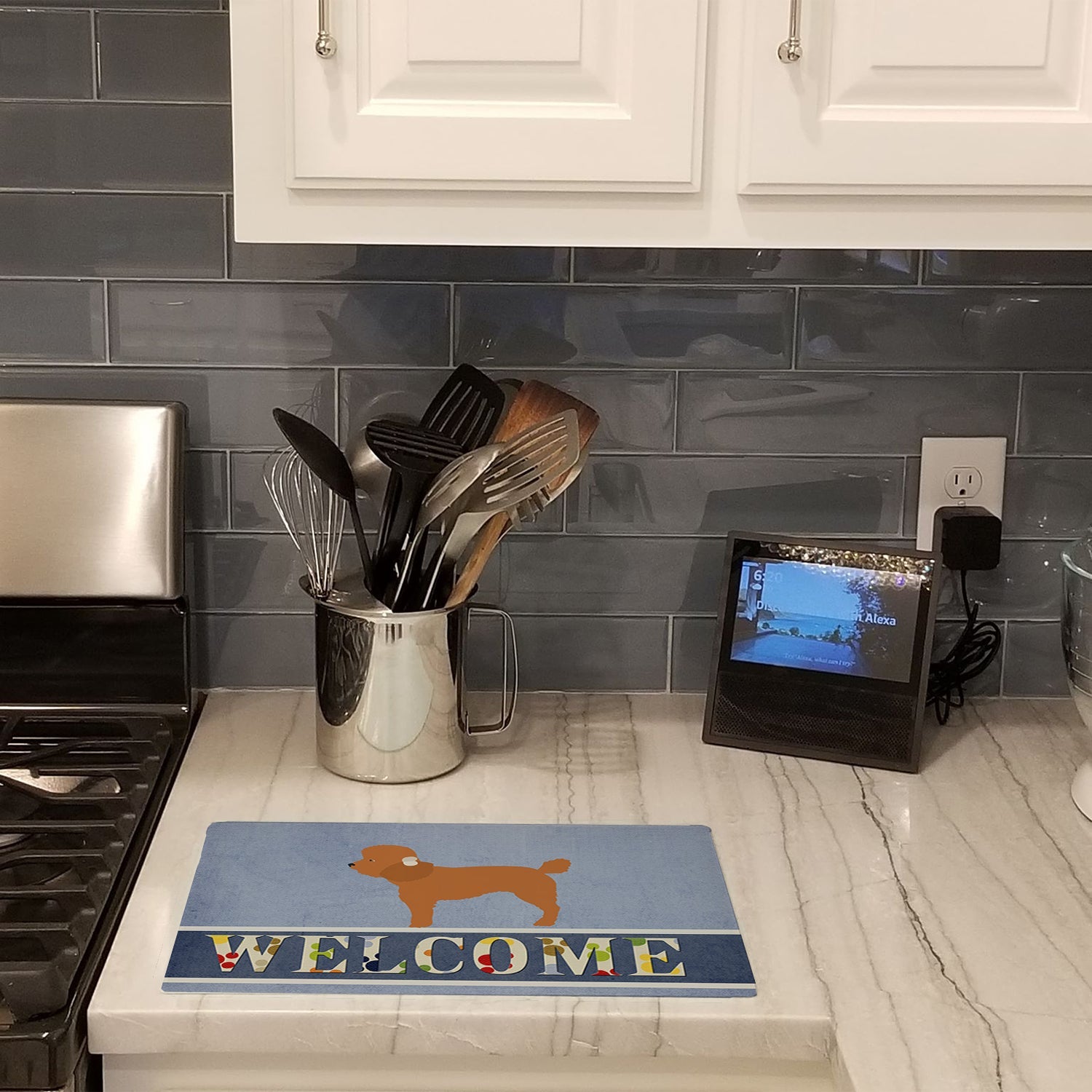 Toy Poodle Welcome Cutting Board Tempered Glass Kitchen Cutting Surface, Heat Resistant Chopping, Non-Slip Feet, Food Prep & Serving