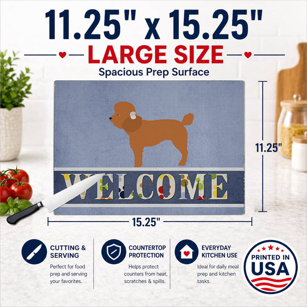 Toy Poodle Welcome Cutting Board Tempered Glass Kitchen Cutting Surface, Heat Resistant Chopping, Non-Slip Feet, Food Prep & Serving