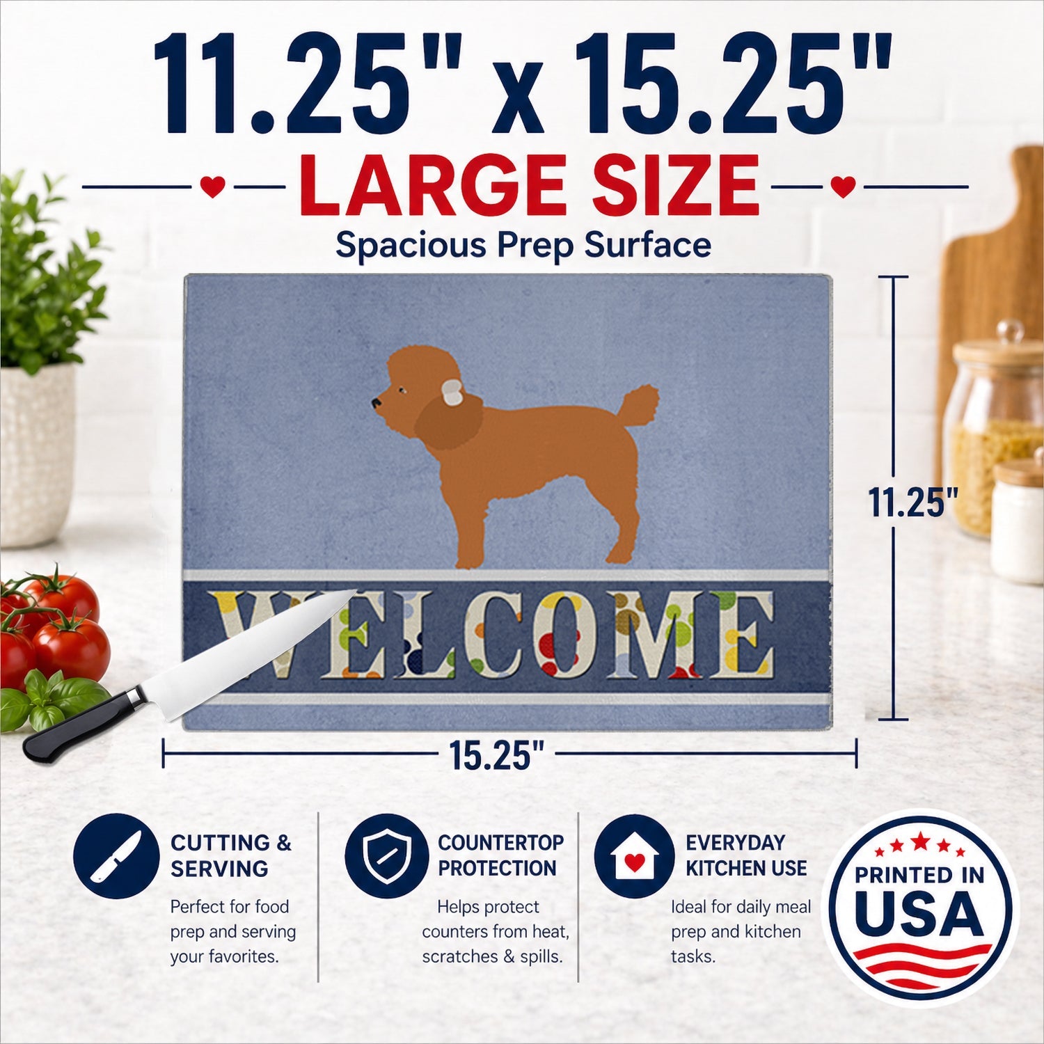 Toy Poodle Welcome Cutting Board Tempered Glass Kitchen Cutting Surface, Heat Resistant Chopping, Non-Slip Feet, Food Prep & Serving