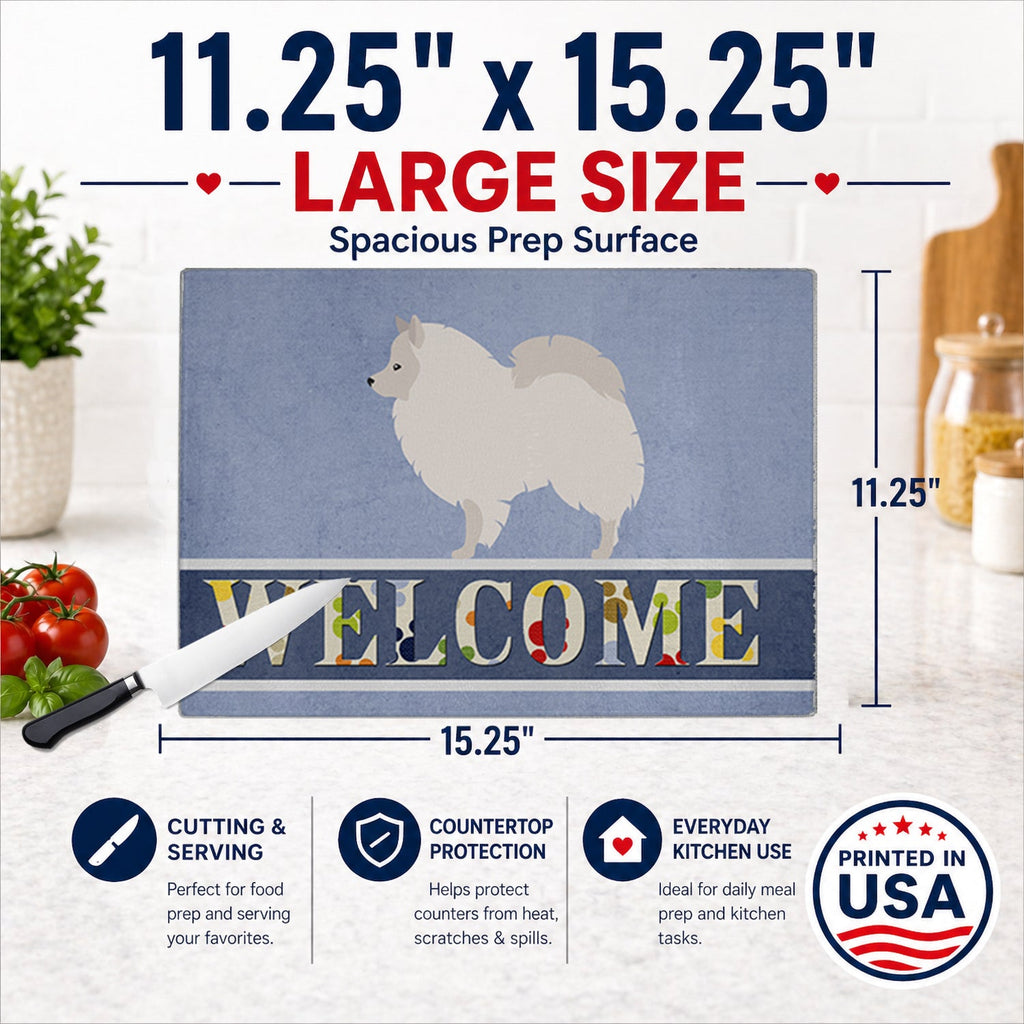 German Spitz Welcome Cutting Board Tempered Glass Kitchen Cutting Surface, Heat Resistant Chopping, Non-Slip Feet, Food Prep & Serving