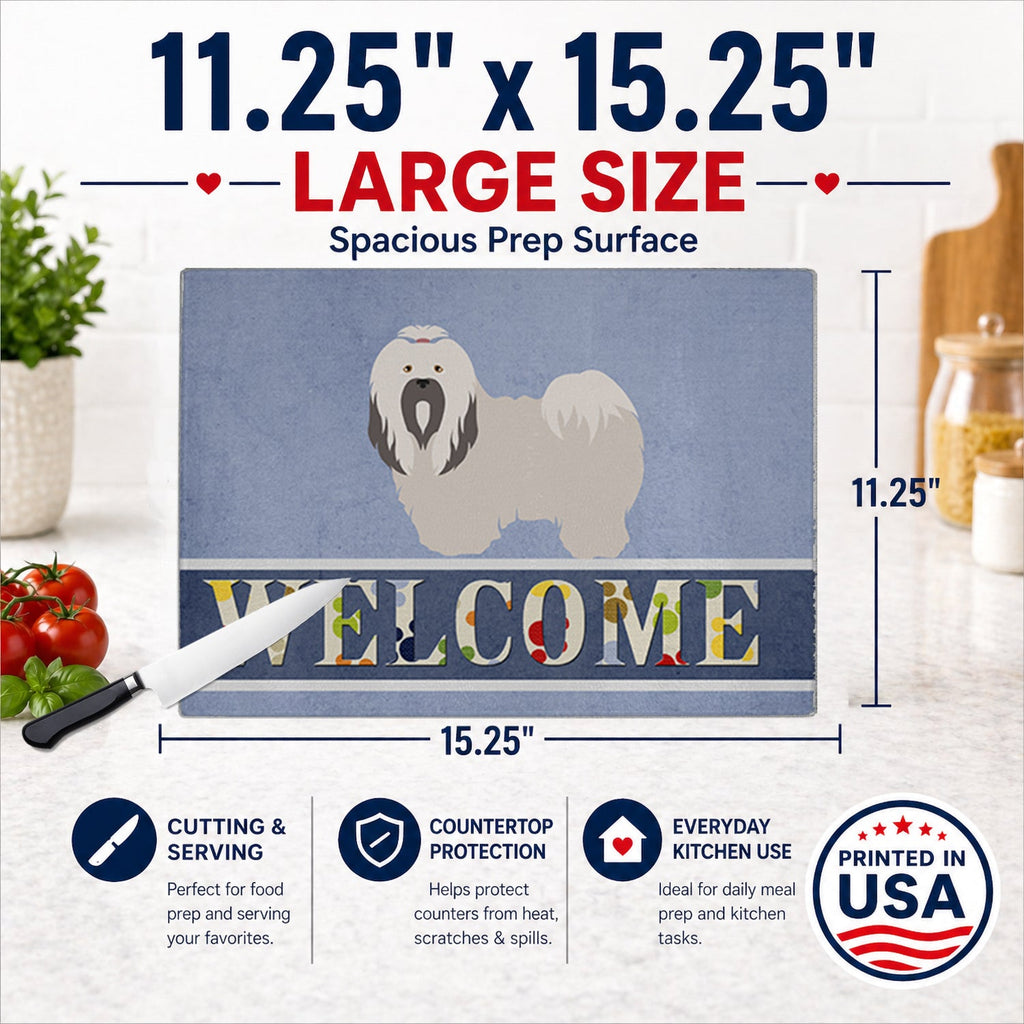 Lhasa Apso Welcome Cutting Board Tempered Glass Kitchen Cutting Surface, Heat Resistant Chopping, Non-Slip Feet, Food Prep & Serving