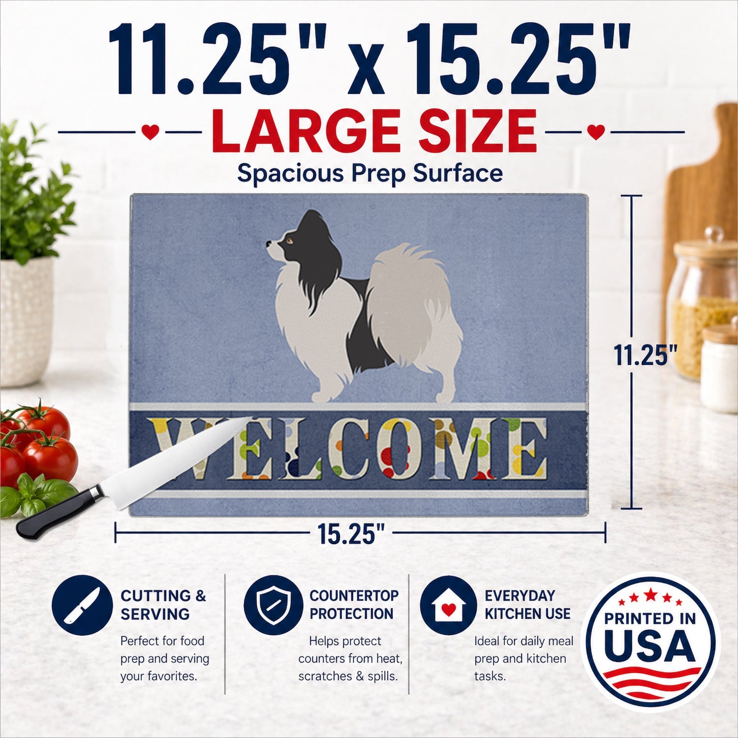 Papillon Welcome Cutting Board Tempered Glass Kitchen Cutting Surface, Heat Resistant Chopping, Non-Slip Feet, Food Prep & Serving