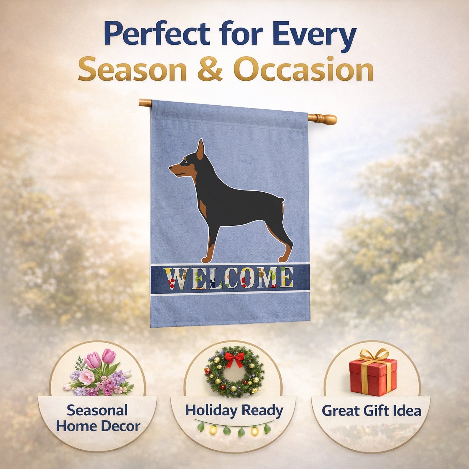 Miniature Pinscher Welcome House Flag 28x40 Porch Sleeve Pole Decorative Outside Yard Banner Artwork Wall Hanging, Polyester