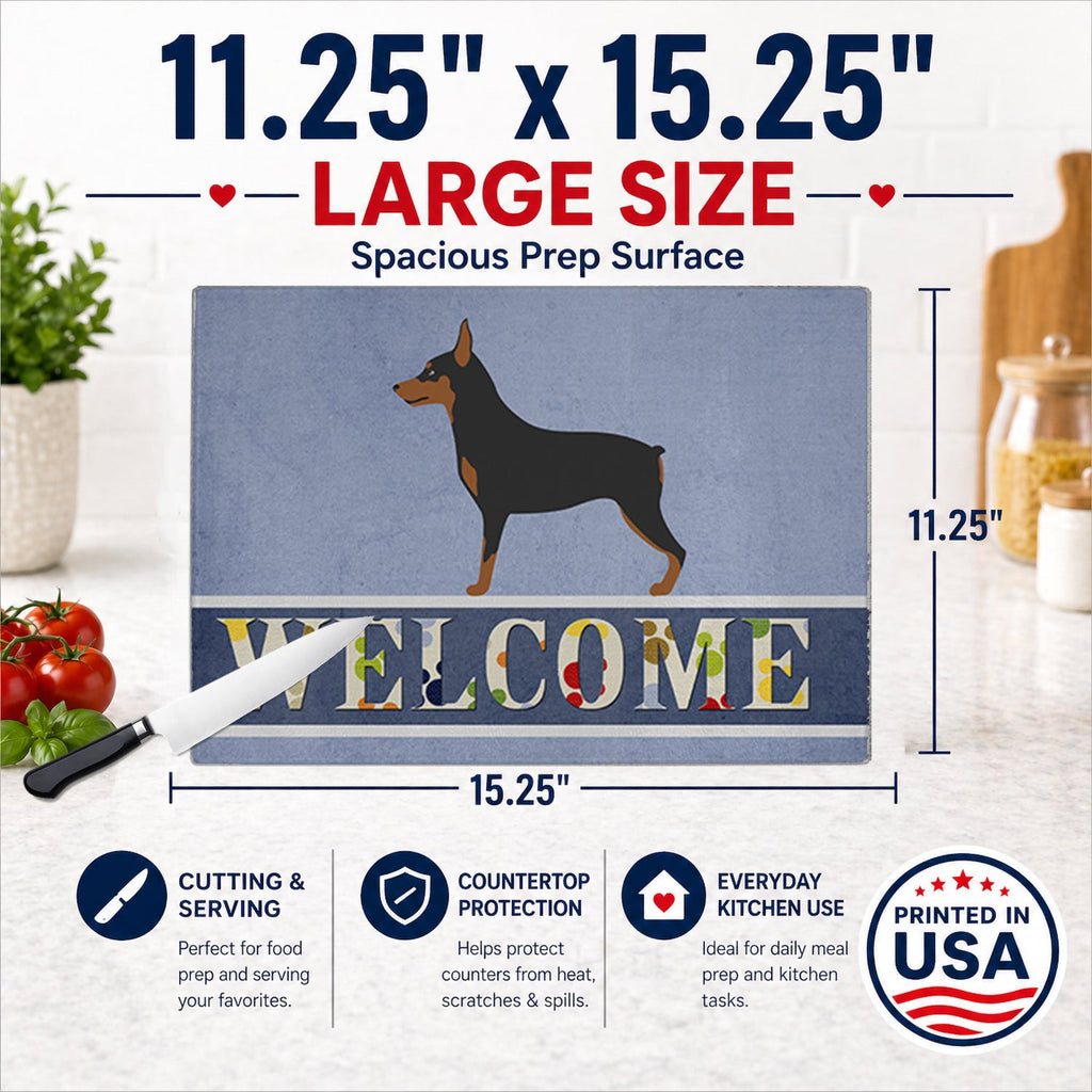 Miniature Pinscher Welcome Cutting Board Tempered Glass Kitchen Cutting Surface, Heat Resistant Chopping, Non-Slip Feet, Food Prep & Serving