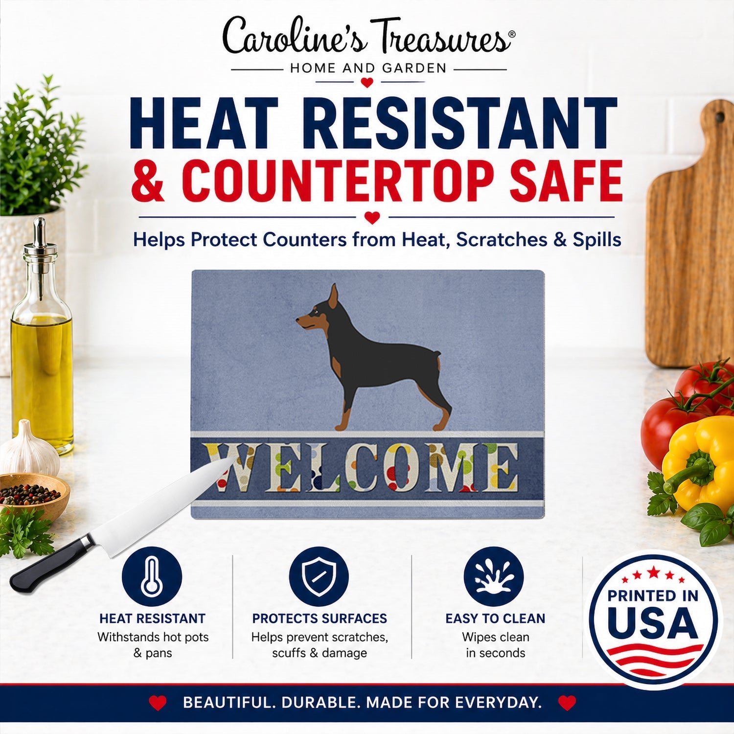 Miniature Pinscher Welcome Cutting Board Tempered Glass Kitchen Cutting Surface, Heat Resistant Chopping, Non-Slip Feet, Food Prep & Serving