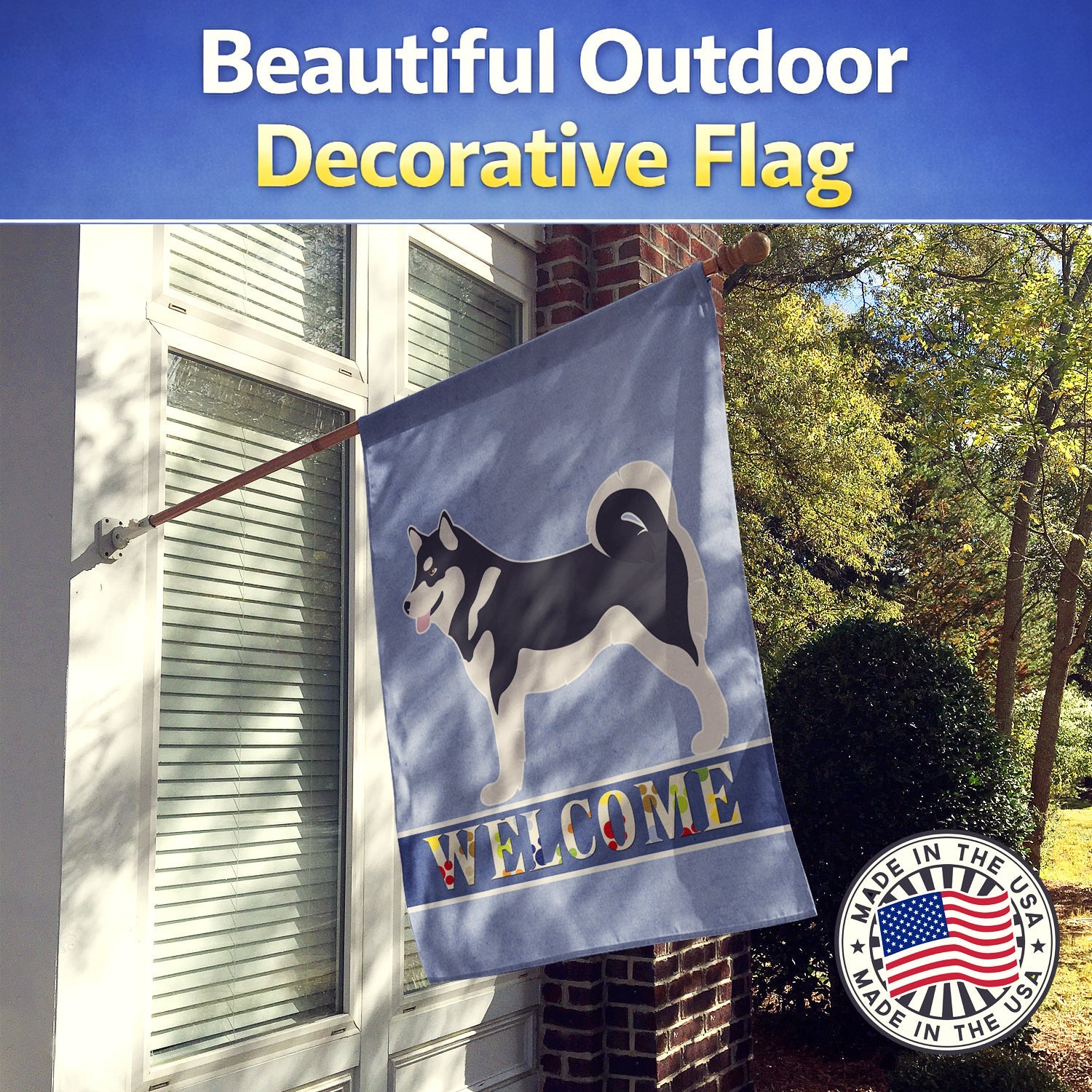Alaskan Malamute Welcome House Flag 28x40 Porch Sleeve Pole Decorative Outside Yard Banner Artwork Wall Hanging, Polyester