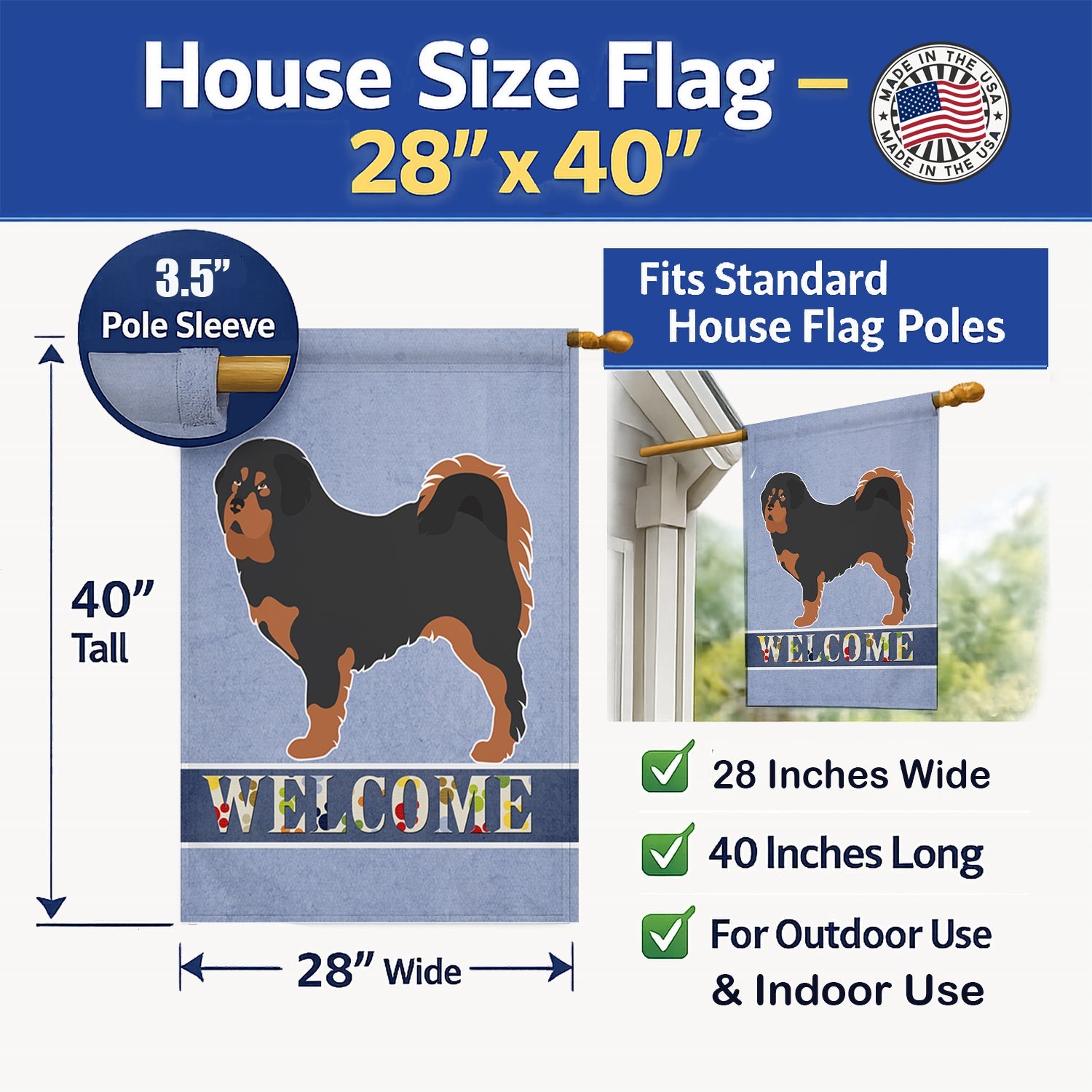 Tibetan Mastiff Welcome House Flag 28x40 Porch Sleeve Pole Decorative Outside Yard Banner Artwork Wall Hanging, Polyester