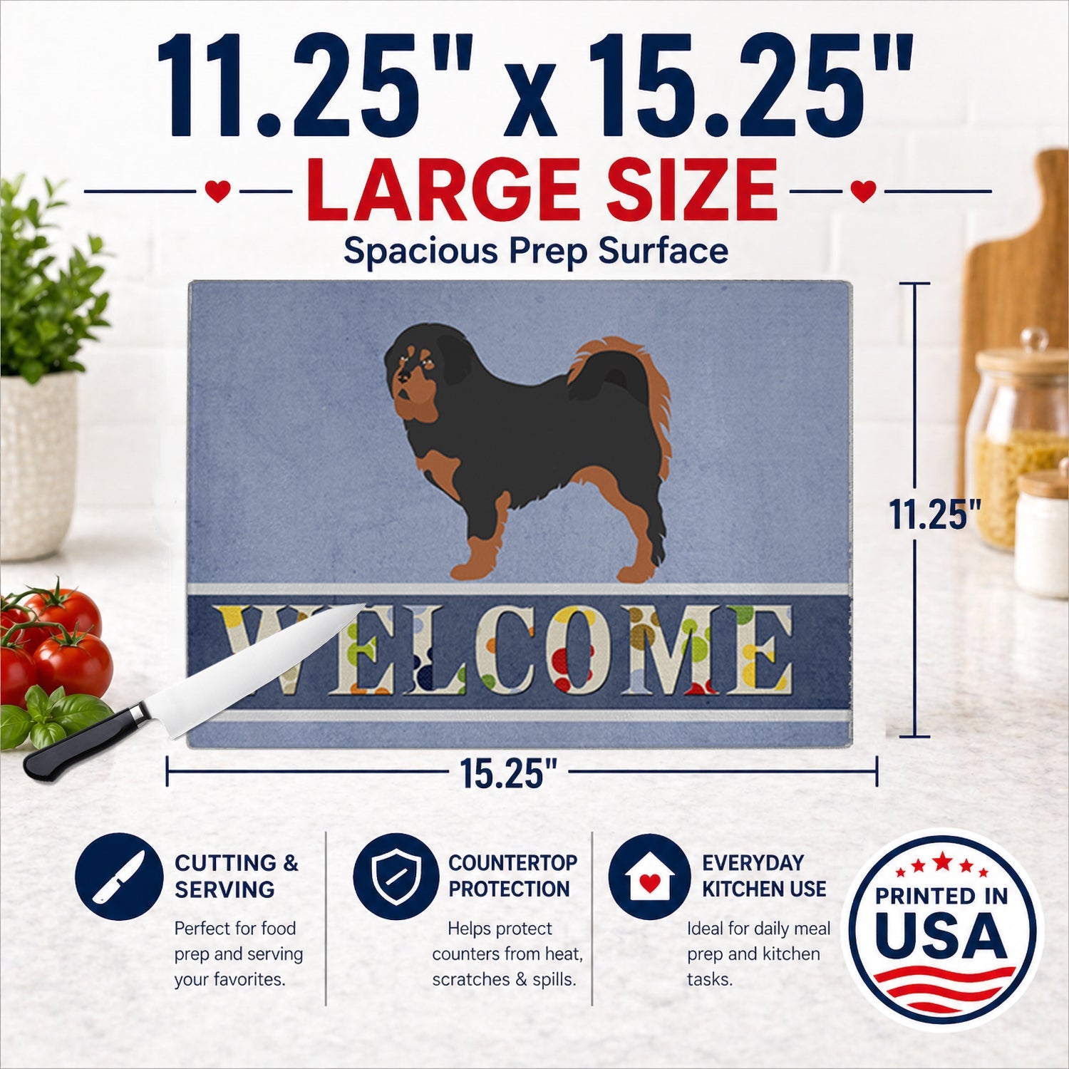 Tibetan Mastiff Welcome Cutting Board Tempered Glass Kitchen Cutting Surface, Heat Resistant Chopping, Non-Slip Feet, Food Prep & Serving