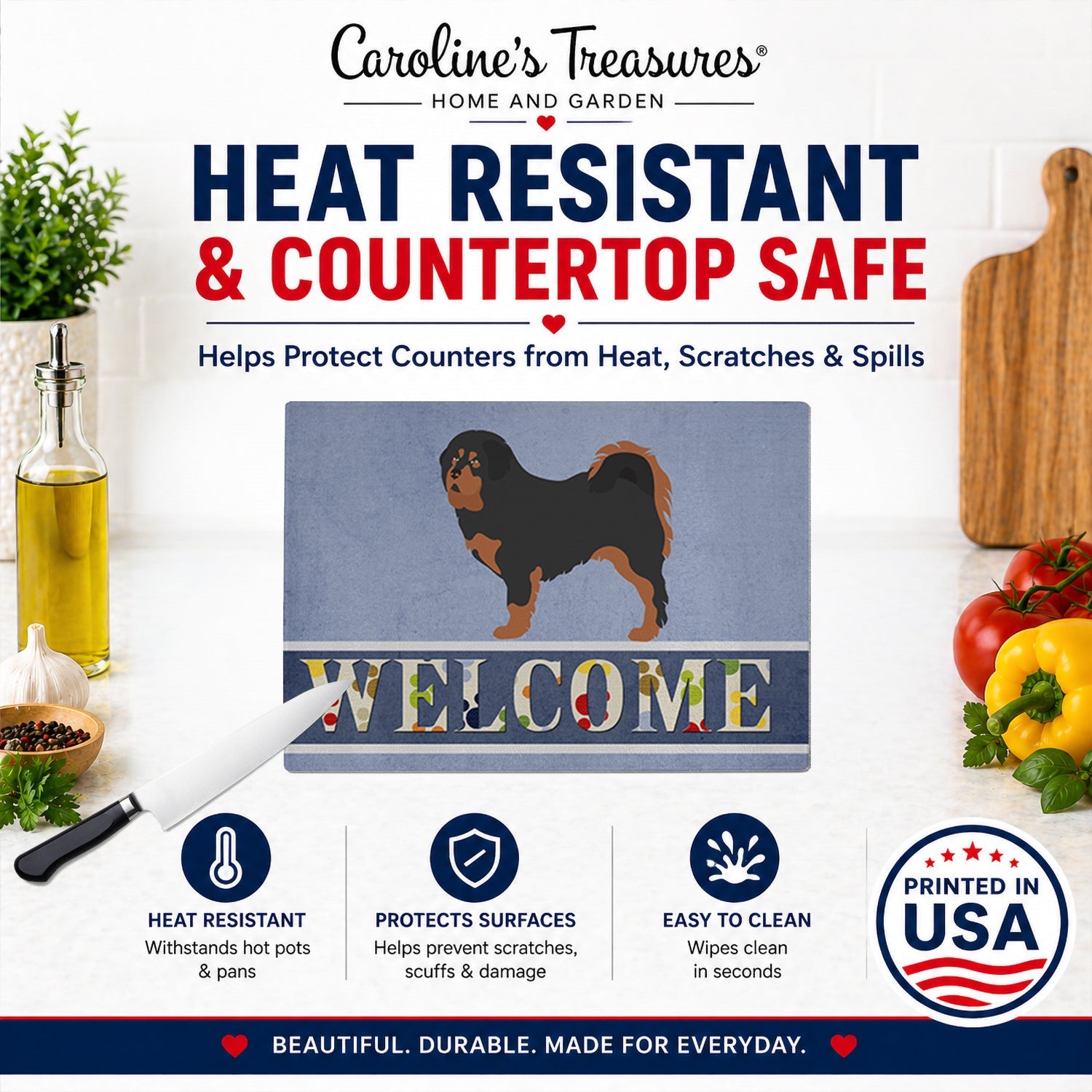 Tibetan Mastiff Welcome Cutting Board Tempered Glass Kitchen Cutting Surface, Heat Resistant Chopping, Non-Slip Feet, Food Prep & Serving