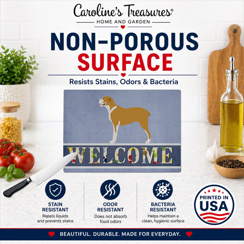 Belgium Mastiff Welcome Cutting Board Tempered Glass Kitchen Cutting Surface, Heat Resistant Chopping, Non-Slip Feet, Food Prep & Serving