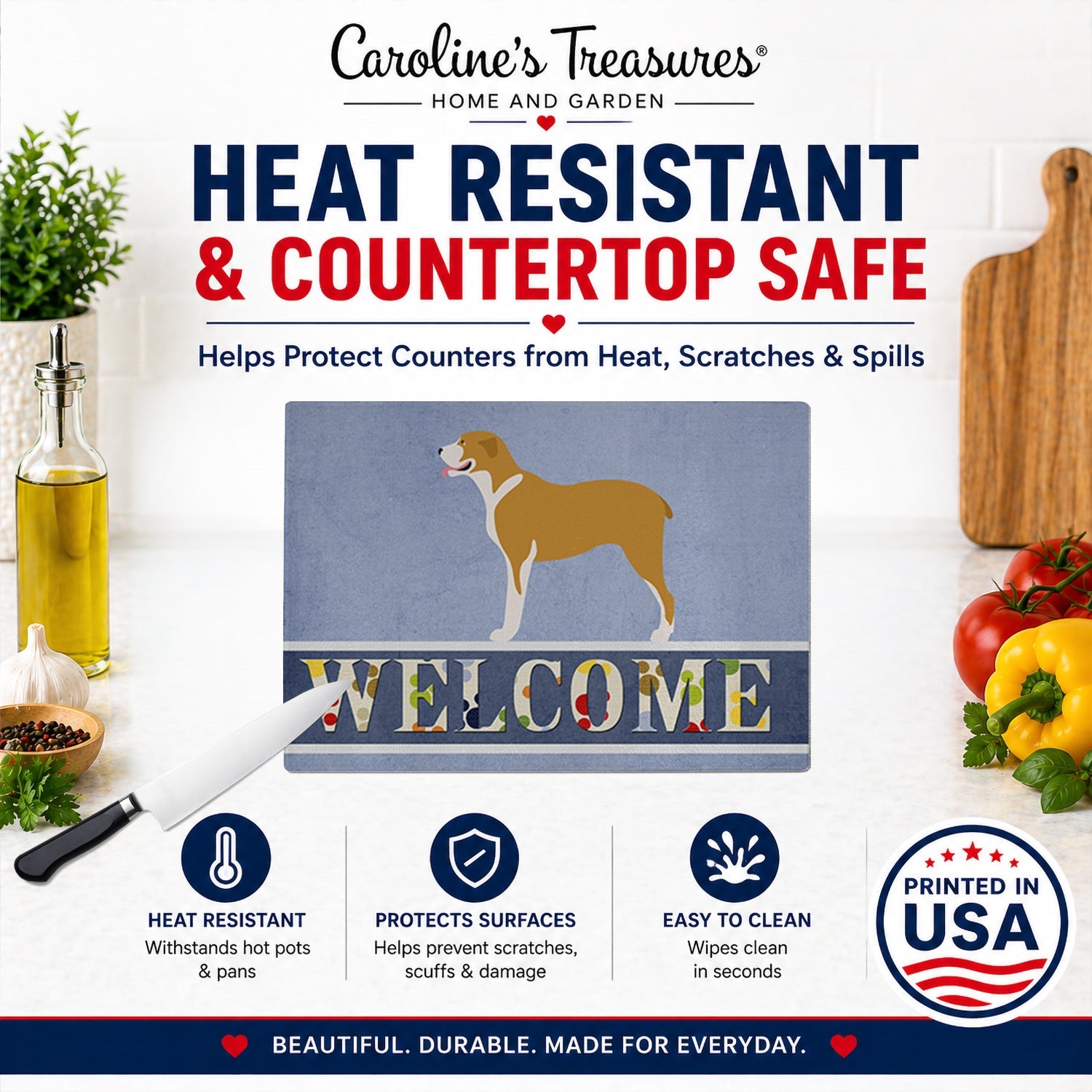Belgium Mastiff Welcome Cutting Board Tempered Glass Kitchen Cutting Surface, Heat Resistant Chopping, Non-Slip Feet, Food Prep & Serving