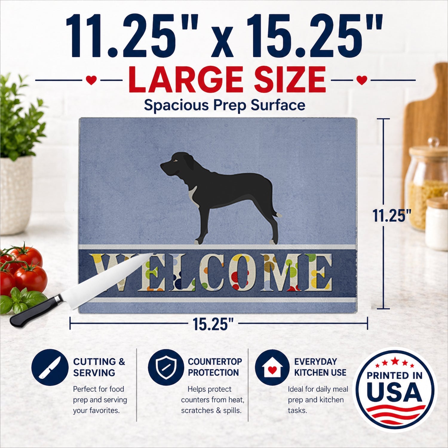 Broholmer Danish Mastiff Cutting Board Tempered Glass Kitchen Cutting Surface, Heat Resistant Chopping, Non-Slip Feet, Food Prep & Serving