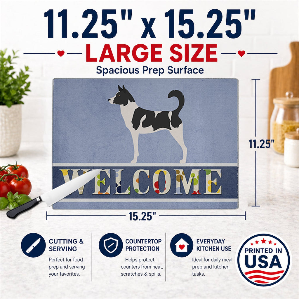 Canaan Dog Welcome Cutting Board Tempered Glass Kitchen Cutting Surface, Heat Resistant Chopping, Non-Slip Feet, Food Prep & Serving