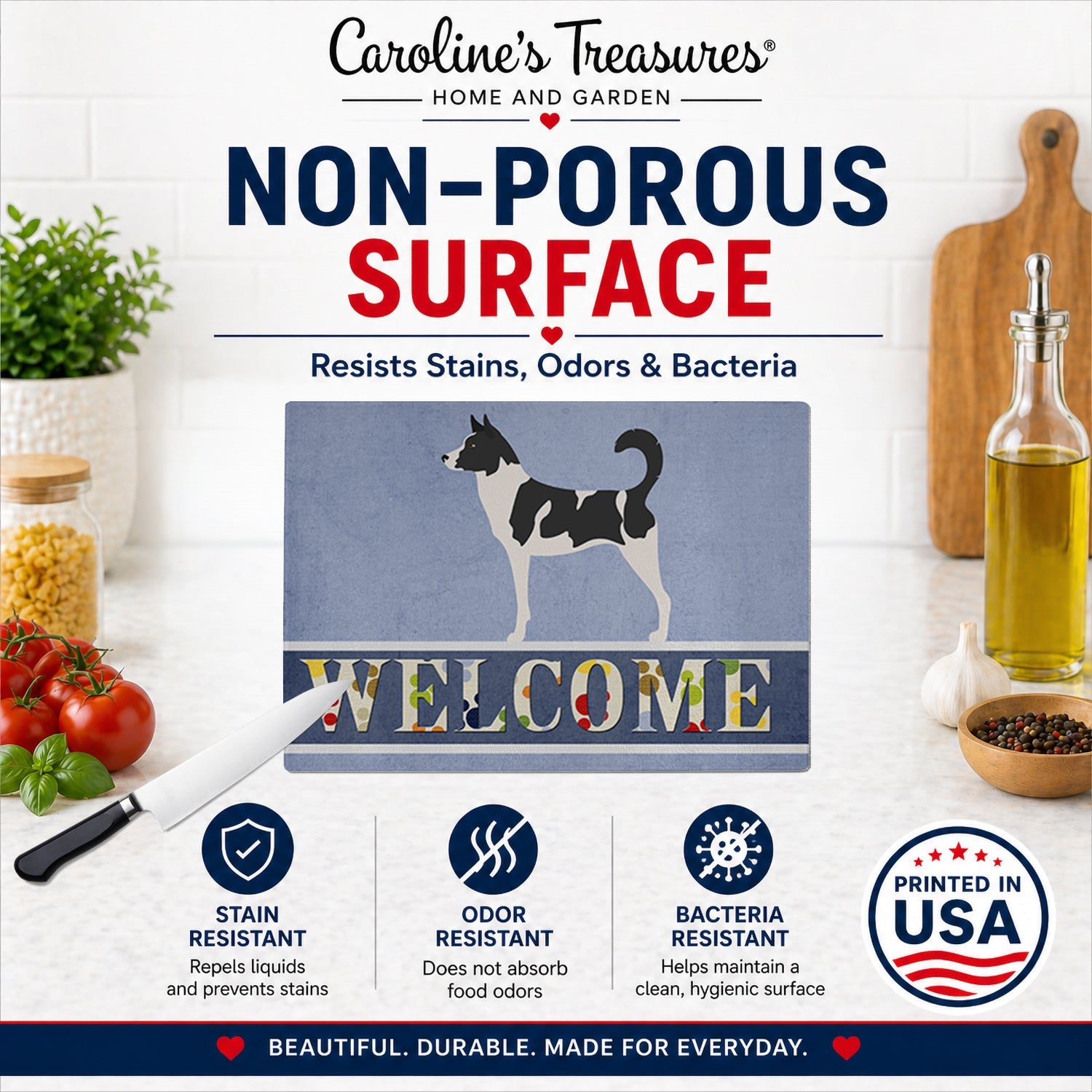 Canaan Dog Welcome Cutting Board Tempered Glass Kitchen Cutting Surface, Heat Resistant Chopping, Non-Slip Feet, Food Prep & Serving