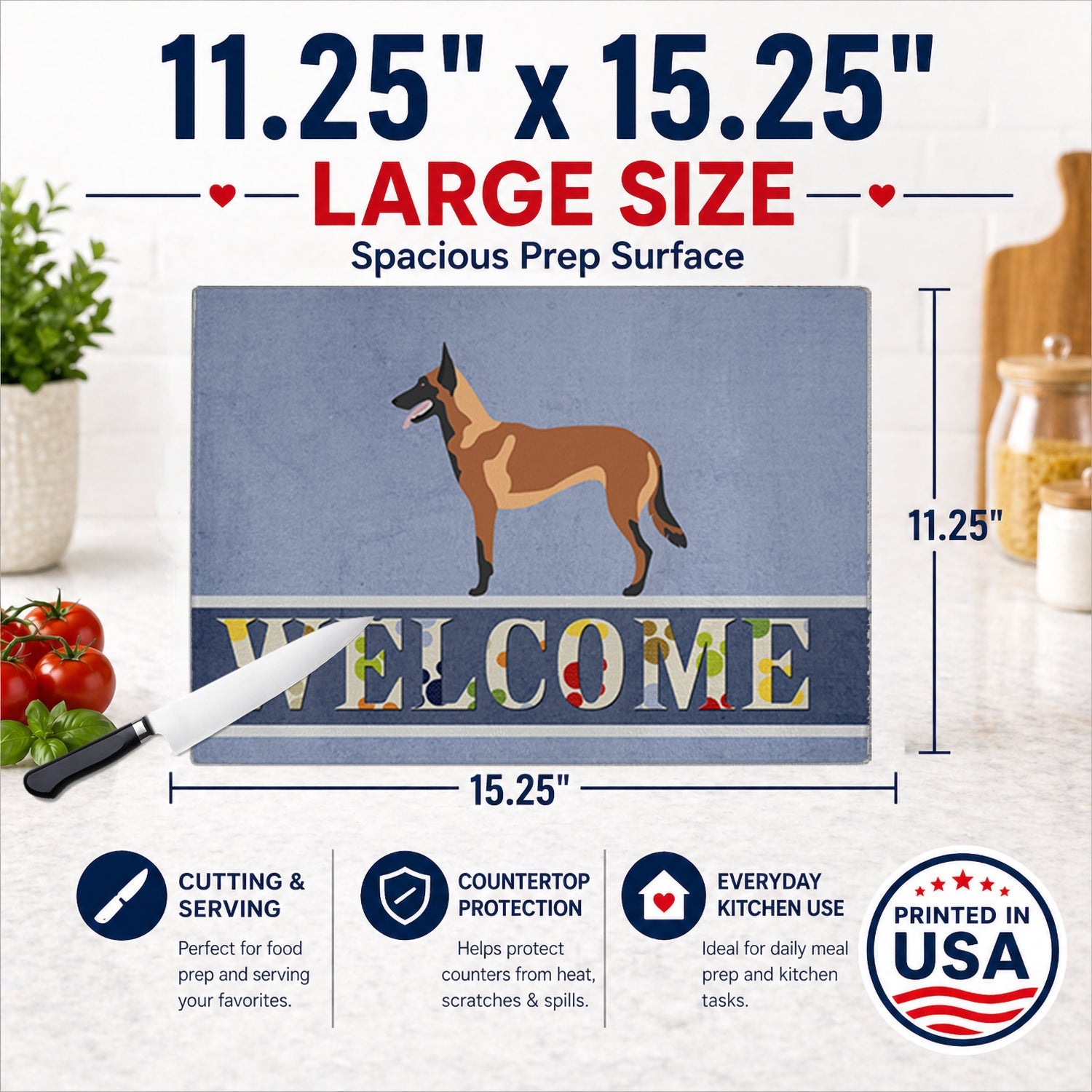 Malinois Belgian Shepherd  Cutting Board Tempered Glass Kitchen Cutting Surface, Heat Resistant Chopping, Non-Slip Feet, Food Prep & Serving