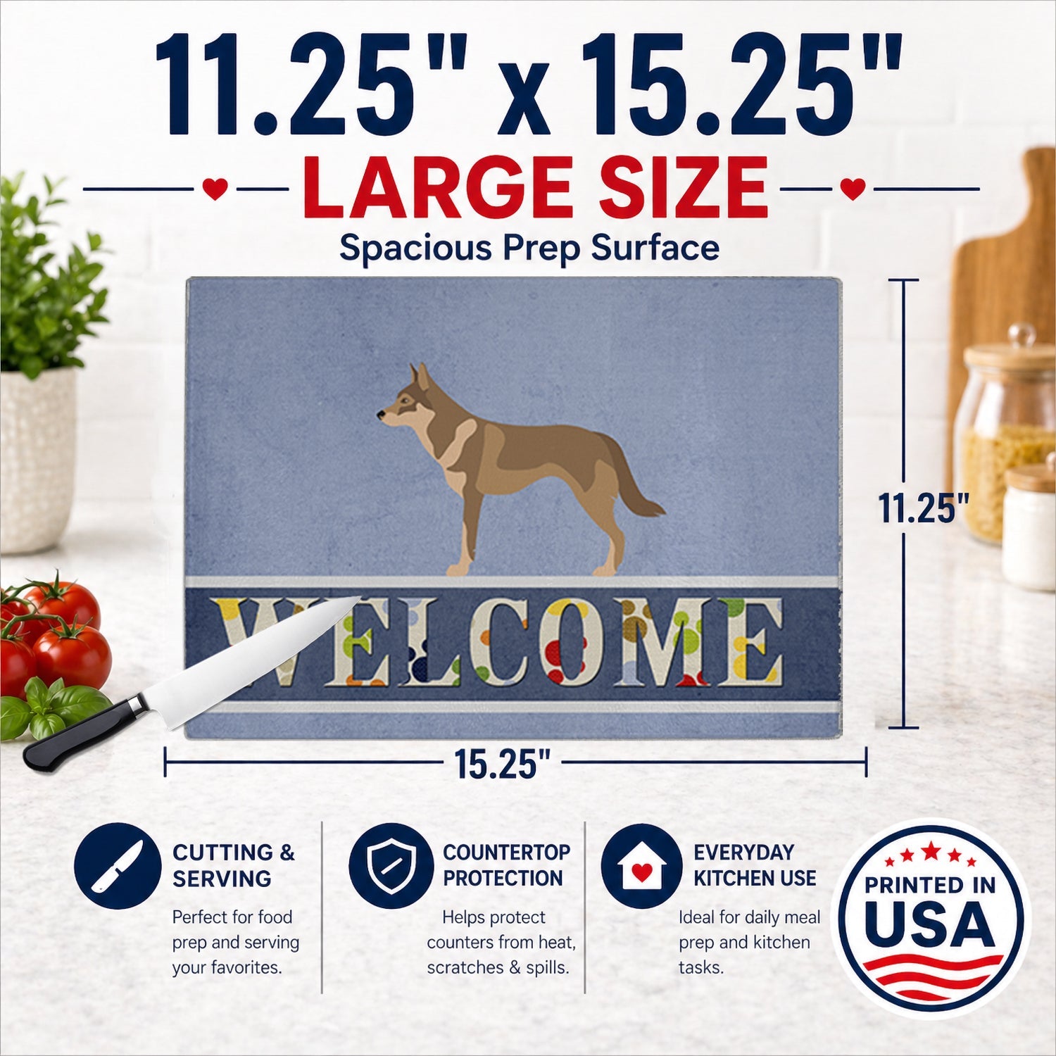Czechoslovakian Wolfdog Cutting Board Tempered Glass Kitchen Cutting Surface, Heat Resistant Chopping, Non-Slip Feet, Food Prep & Serving