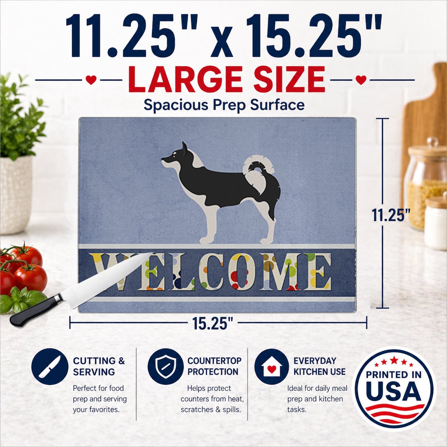 Greenland Dog Welcome Cutting Board Tempered Glass Kitchen Cutting Surface, Heat Resistant Chopping, Non-Slip Feet, Food Prep & Serving
