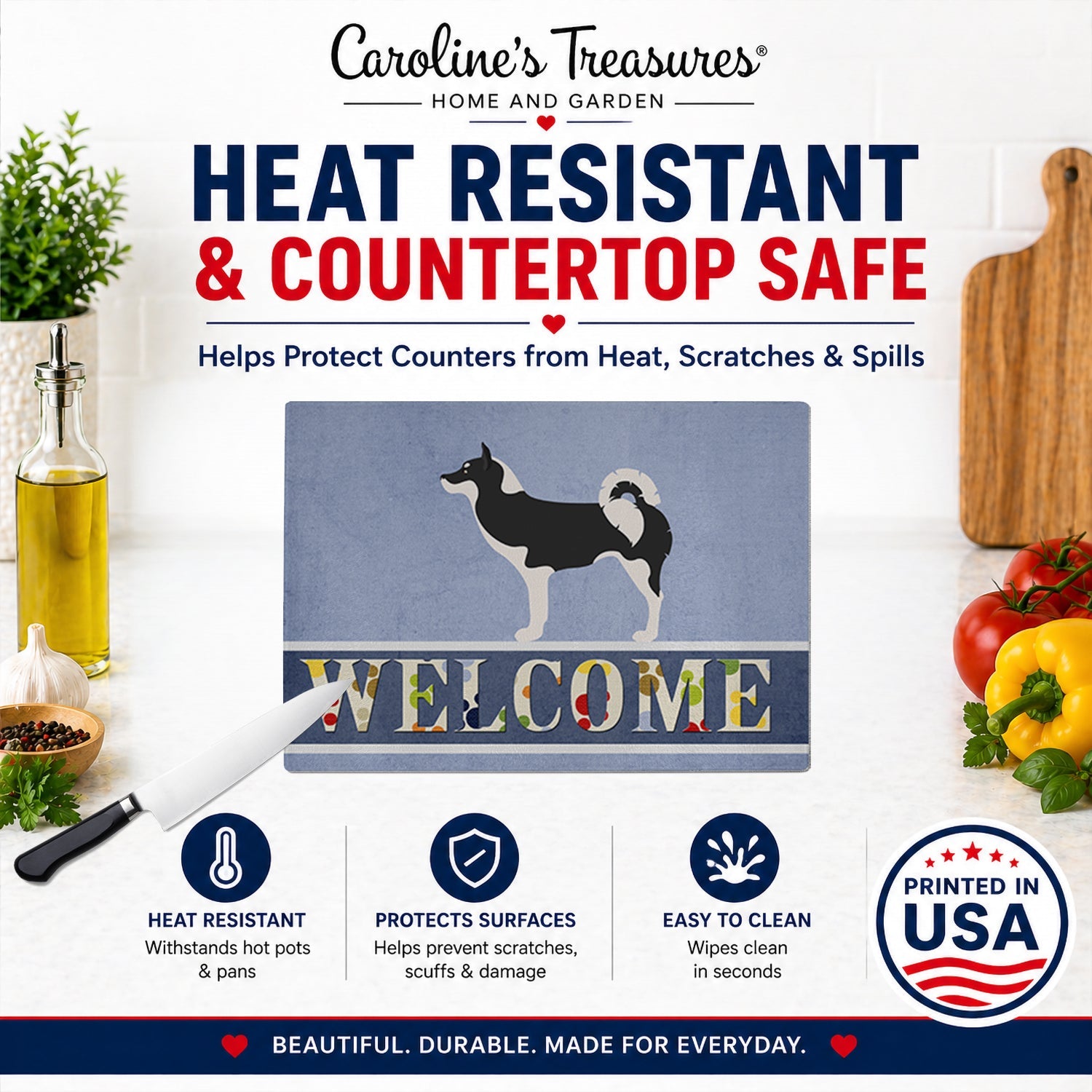Greenland Dog Welcome Cutting Board Tempered Glass Kitchen Cutting Surface, Heat Resistant Chopping, Non-Slip Feet, Food Prep & Serving