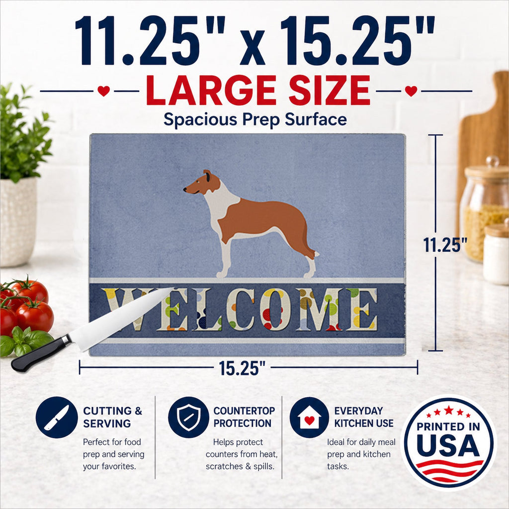 Smooth Collie Welcome Cutting Board Tempered Glass Kitchen Cutting Surface, Heat Resistant Chopping, Non-Slip Feet, Food Prep & Serving