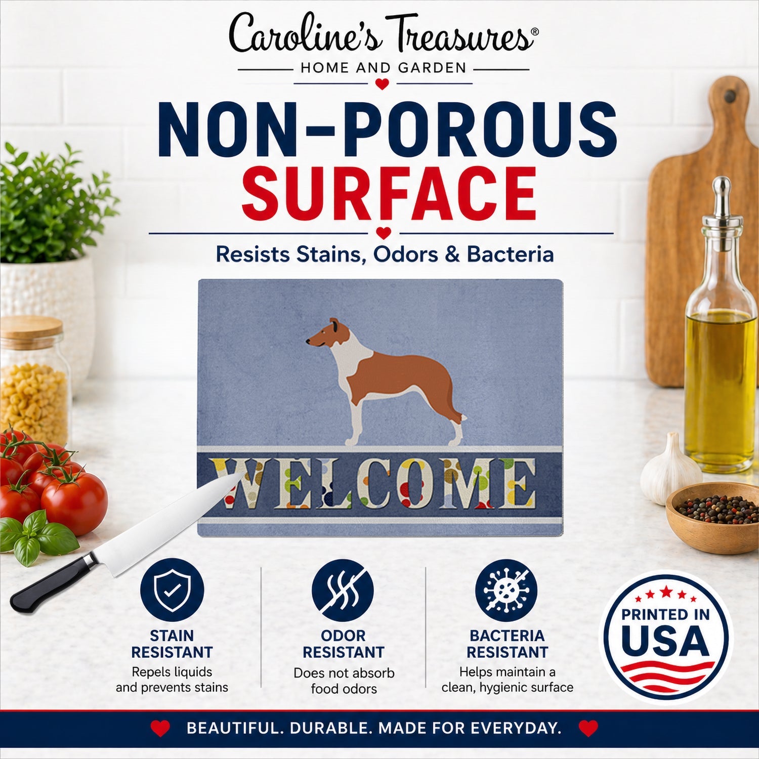 Smooth Collie Welcome Cutting Board Tempered Glass Kitchen Cutting Surface, Heat Resistant Chopping, Non-Slip Feet, Food Prep & Serving