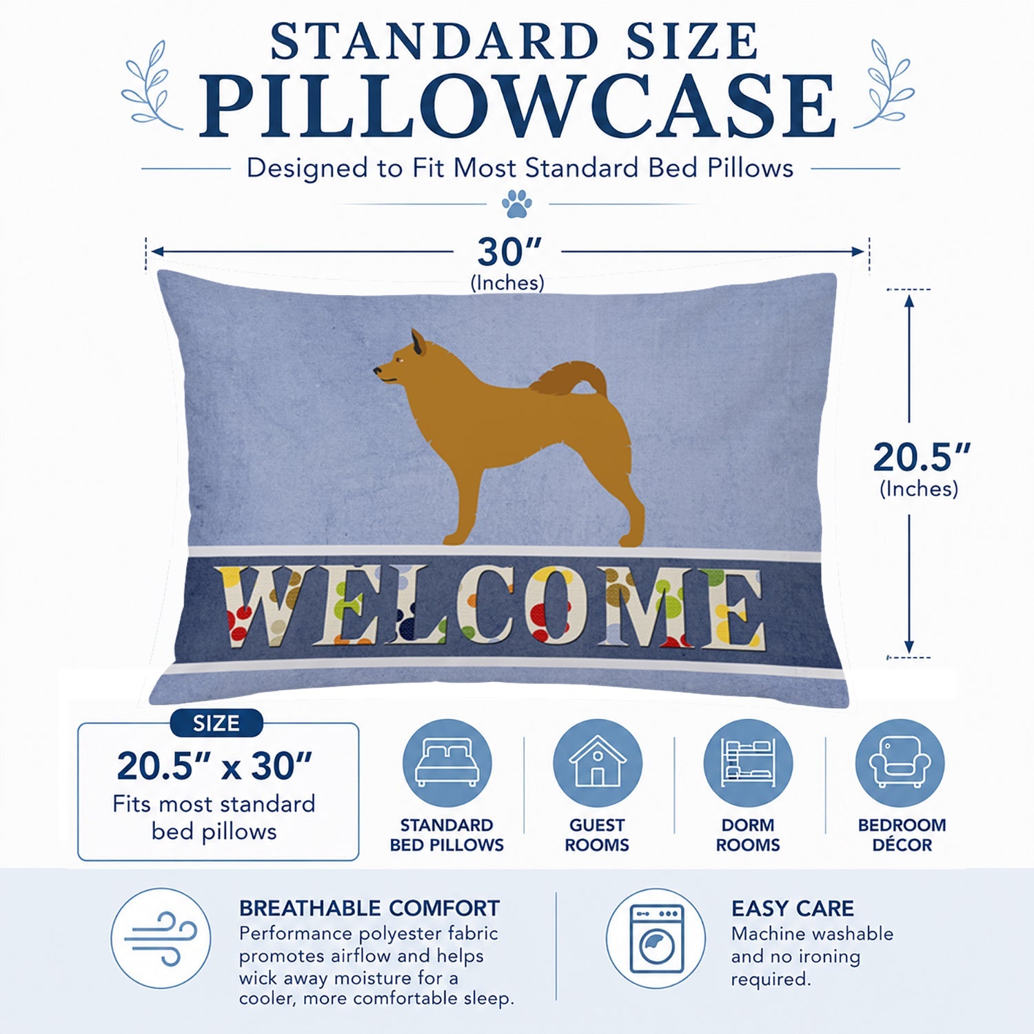 Finnish Spitz Welcome Standard Pillowcase Lightweight Super Soft Easy Care Decorative Artwork Pillowcase, Standard