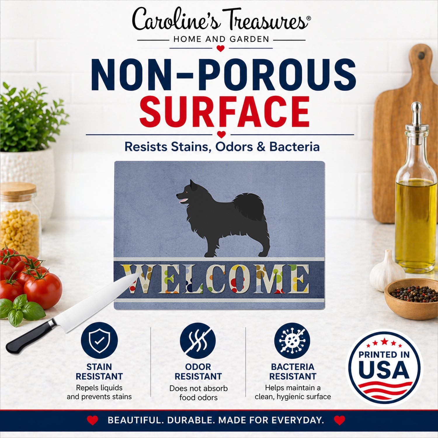 Swedish Lapphund Welcome Cutting Board Tempered Glass Kitchen Cutting Surface, Heat Resistant Chopping, Non-Slip Feet, Food Prep & Serving