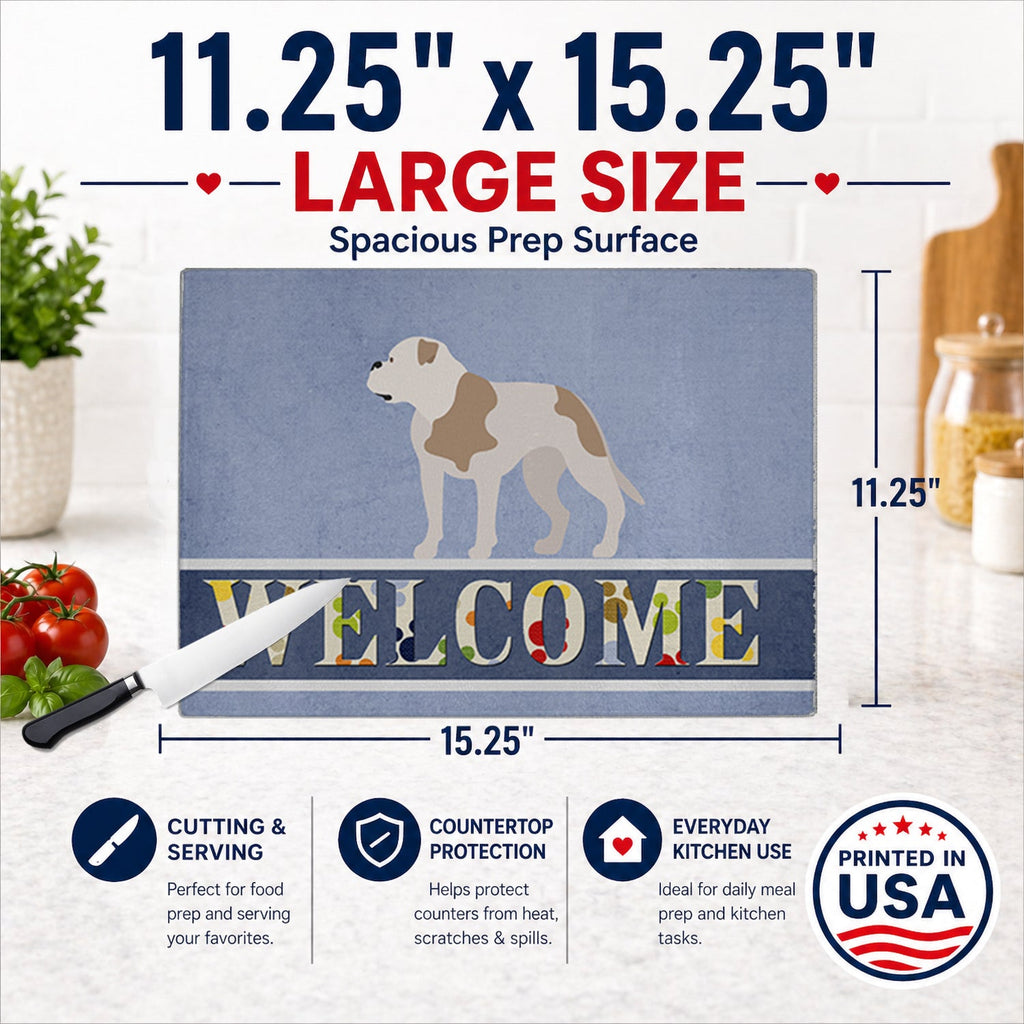 American Bulldog Welcome Cutting Board Tempered Glass Kitchen Cutting Surface, Heat Resistant Chopping, Non-Slip Feet, Food Prep & Serving