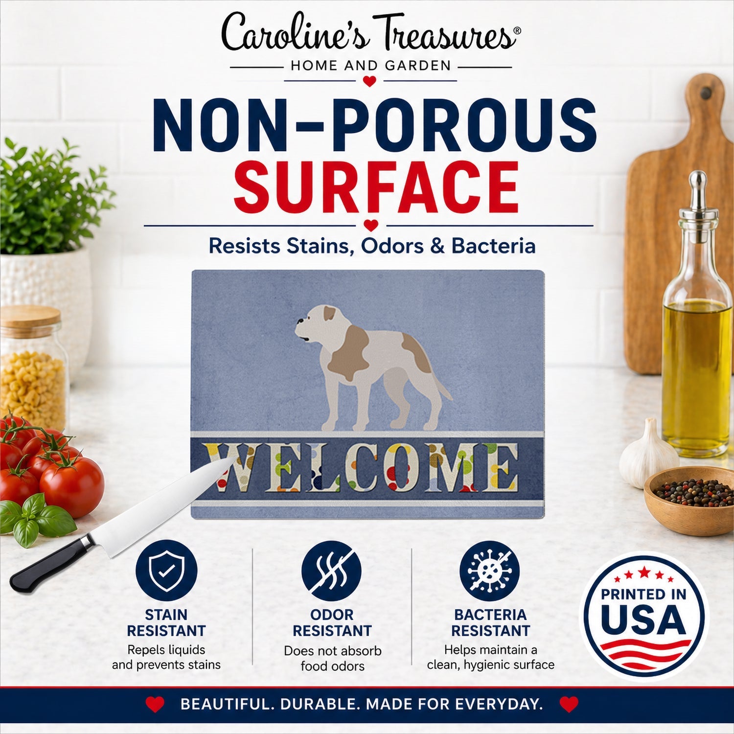 American Bulldog Welcome Cutting Board Tempered Glass Kitchen Cutting Surface, Heat Resistant Chopping, Non-Slip Feet, Food Prep & Serving