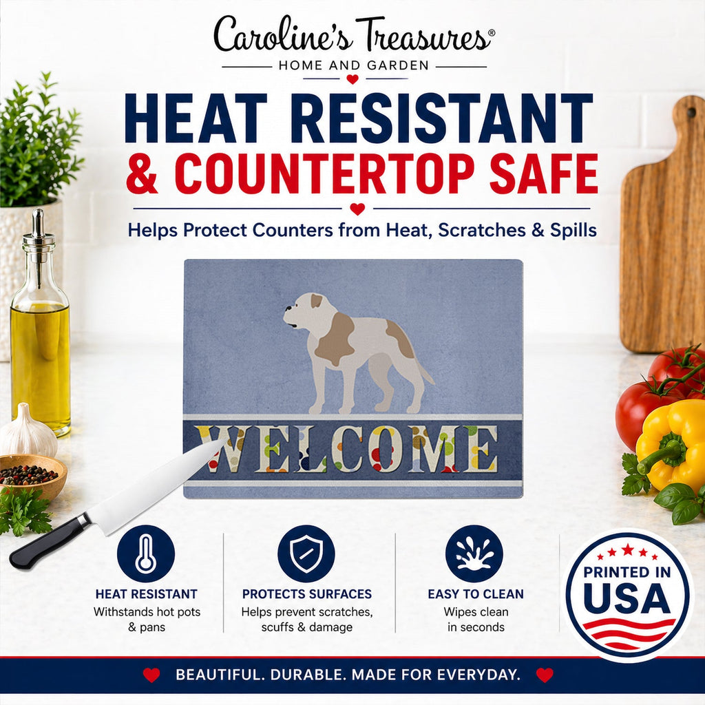 American Bulldog Welcome Cutting Board Tempered Glass Kitchen Cutting Surface, Heat Resistant Chopping, Non-Slip Feet, Food Prep & Serving