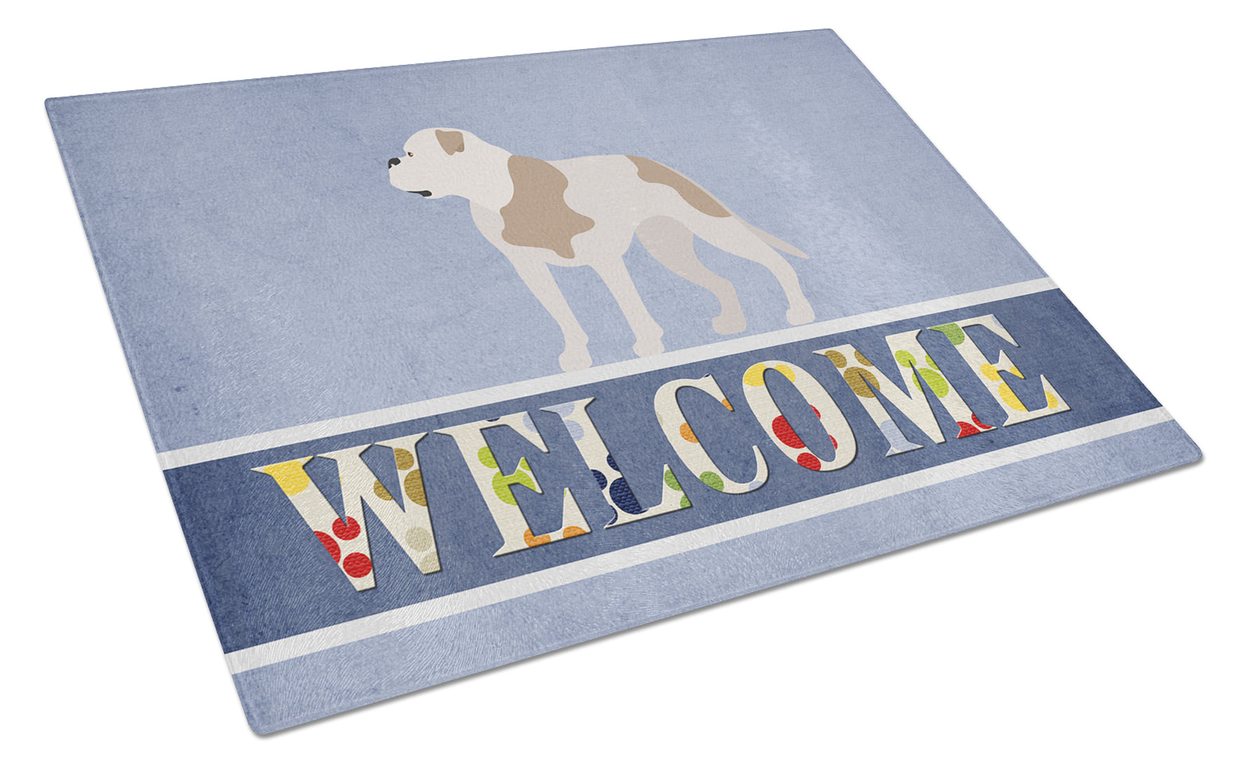 American Bulldog Welcome Cutting Board Tempered Glass Kitchen Cutting Surface, Heat Resistant Chopping, Non-Slip Feet, Food Prep & Serving