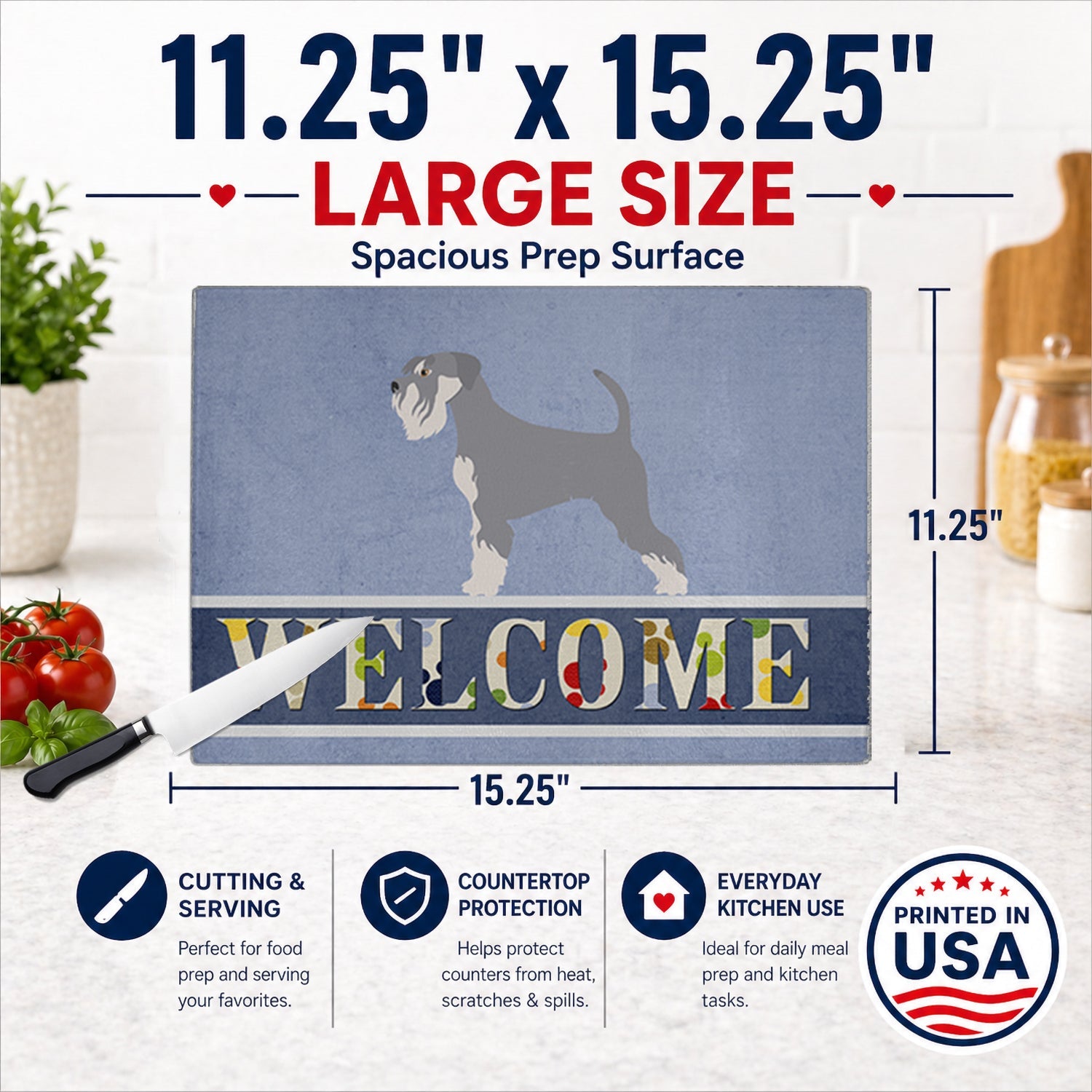 Schnauzer Welcome Cutting Board Tempered Glass Kitchen Cutting Surface, Heat Resistant Chopping, Non-Slip Feet, Food Prep & Serving