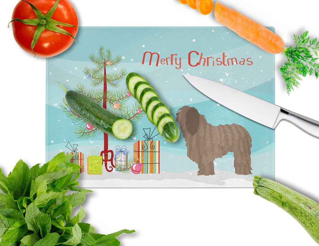 Bergamasco Shepherd Christmas Cutting Board Tempered Glass Kitchen Cutting Surface, Heat Resistant Chopping, Non-Slip Feet, Food Prep & Serving