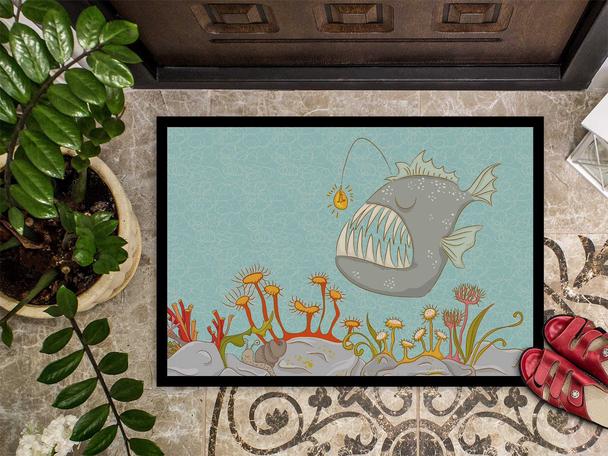 Frog Fish Scene Doormat Indoor Outdoor 24H X 36W Front Door Mat Rugs for Entryway, Non Slip Washable Low Pile,