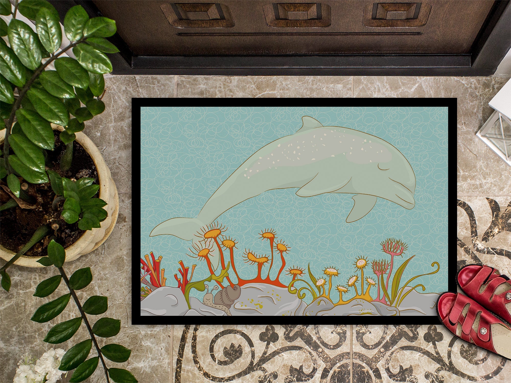 Dolphin Underwater Scene Doormat Indoor Outdoor 24H X 36W Front Door Mat Rugs for Entryway, Non Slip Washable Low Pile,