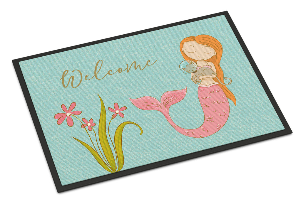 Mermaid with Cat Welcome Doormat Indoor Outdoor 24H X 36W Front Door Mat Rugs for Entryway, Non Slip Washable Low Pile,