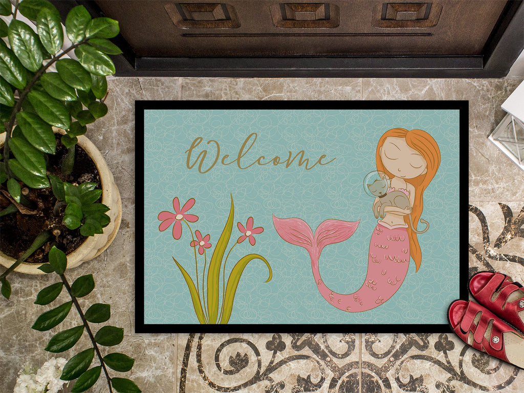 Mermaid with Cat Welcome Doormat Indoor Outdoor 24H X 36W Front Door Mat Rugs for Entryway, Non Slip Washable Low Pile,