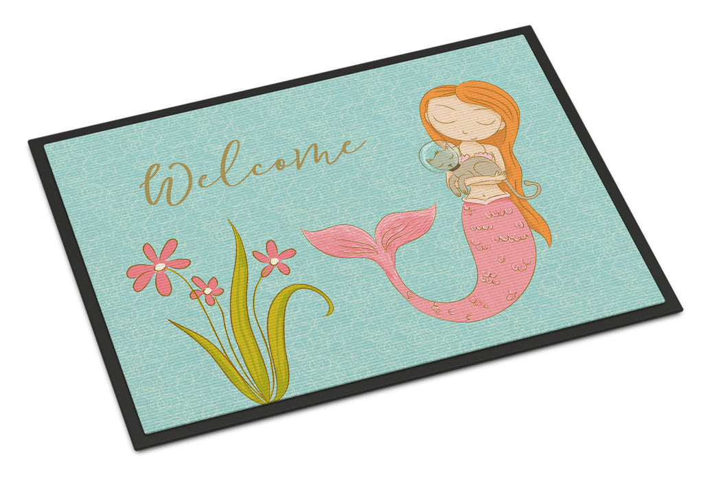 Mermaid with Cat Welcome Doormat Indoor Outdoor 18H X 27W Front Door Mat Rugs for Entryway, Non Slip Washable