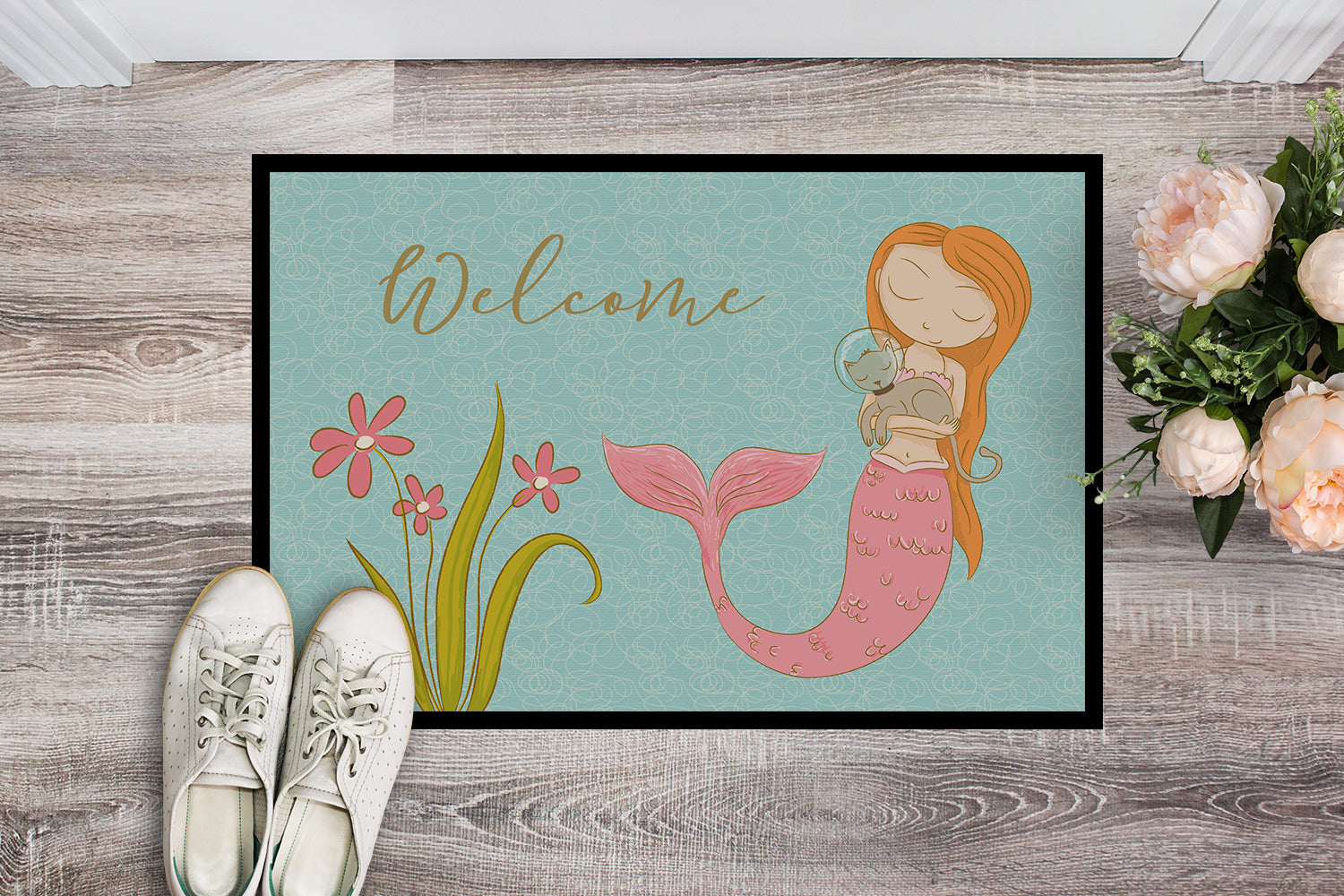 Mermaid with Cat Welcome Doormat Indoor Outdoor 18H X 27W Front Door Mat Rugs for Entryway, Non Slip Washable