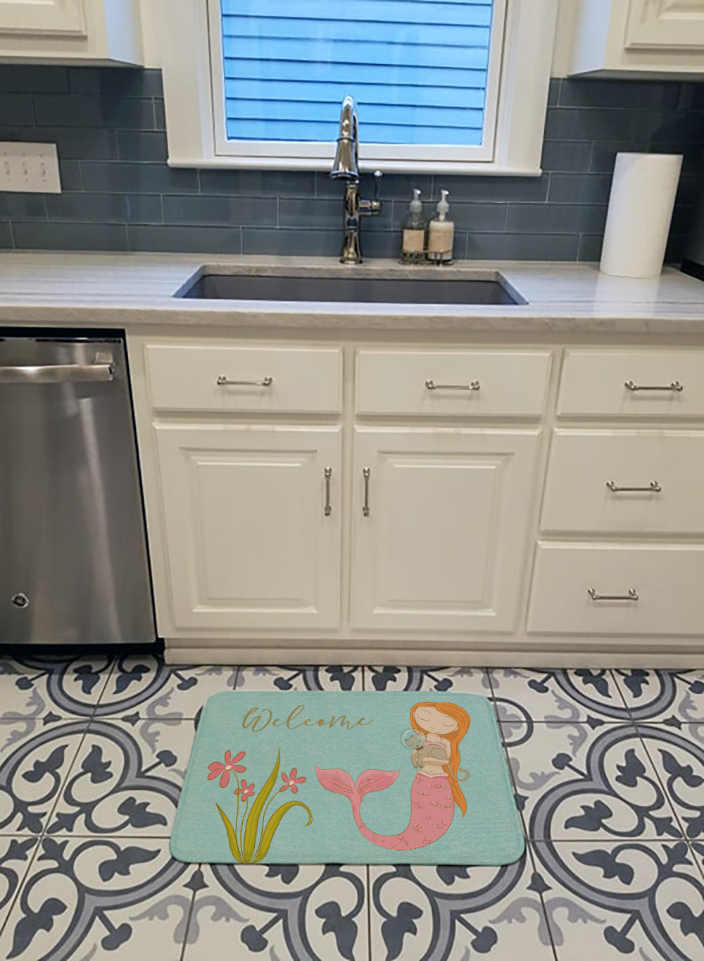 Mermaid with Cat Welcome Memory Foam Kitchen Mat Machine Washable Anti-Fatigue Cushion Comfort Bath or Kitchen Rug