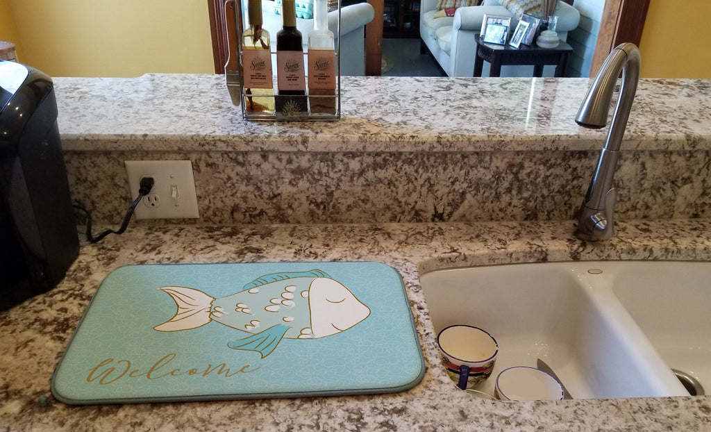 Blue Fish Welcome Dish Drying Mat Absorbent Dish Drying Mat Pad for Kitchen Counter Dish Drainer Mat for Countertop, 14 x 21", Multicolor