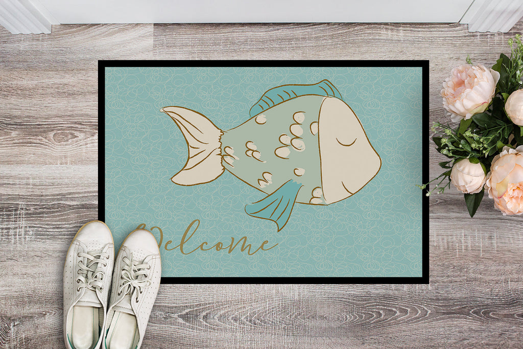 Blue Fish Welcome Doormat Indoor Outdoor 24H X 36W Front Door Mat Rugs for Entryway, Non Slip Washable Low Pile,