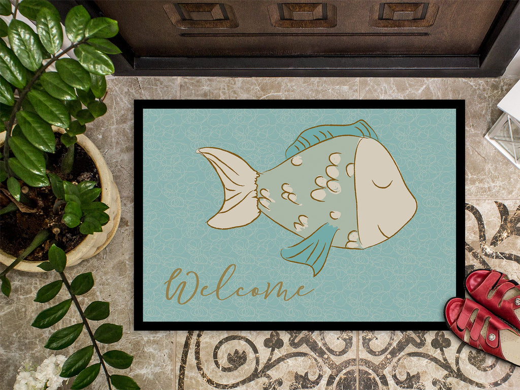 Blue Fish Welcome Doormat Indoor Outdoor 24H X 36W Front Door Mat Rugs for Entryway, Non Slip Washable Low Pile,