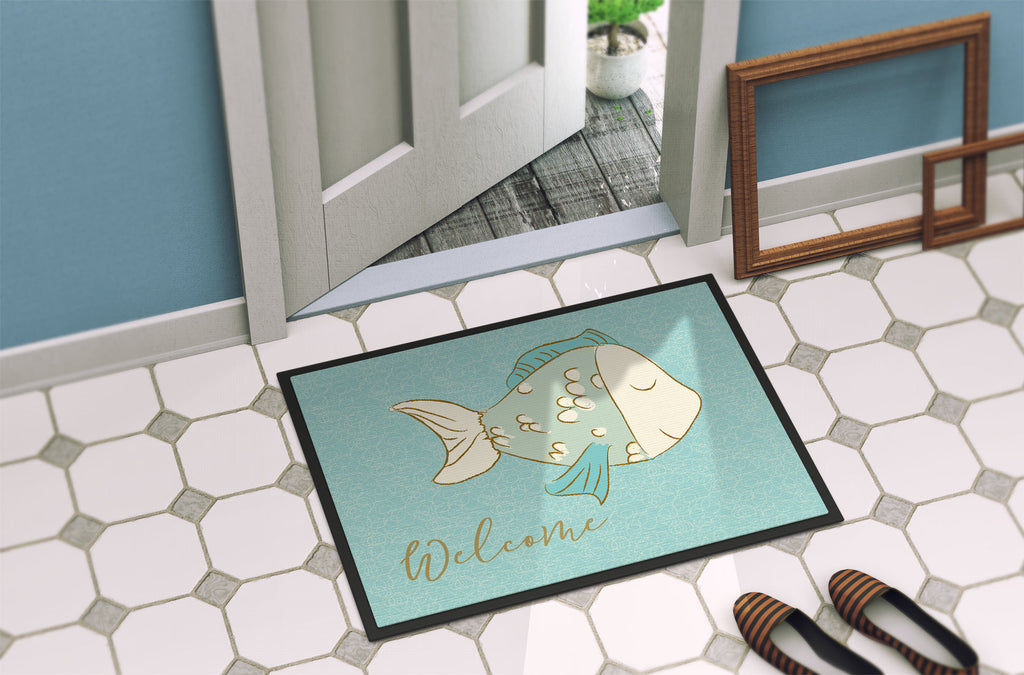 Blue Fish Welcome Doormat Indoor Outdoor 24H X 36W Front Door Mat Rugs for Entryway, Non Slip Washable Low Pile,