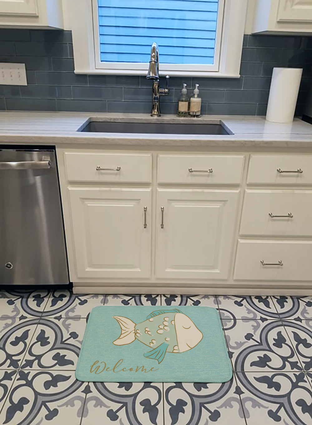 Blue Fish Welcome Memory Foam Kitchen Mat Machine Washable Anti-Fatigue Cushion Comfort Bath or Kitchen Rug