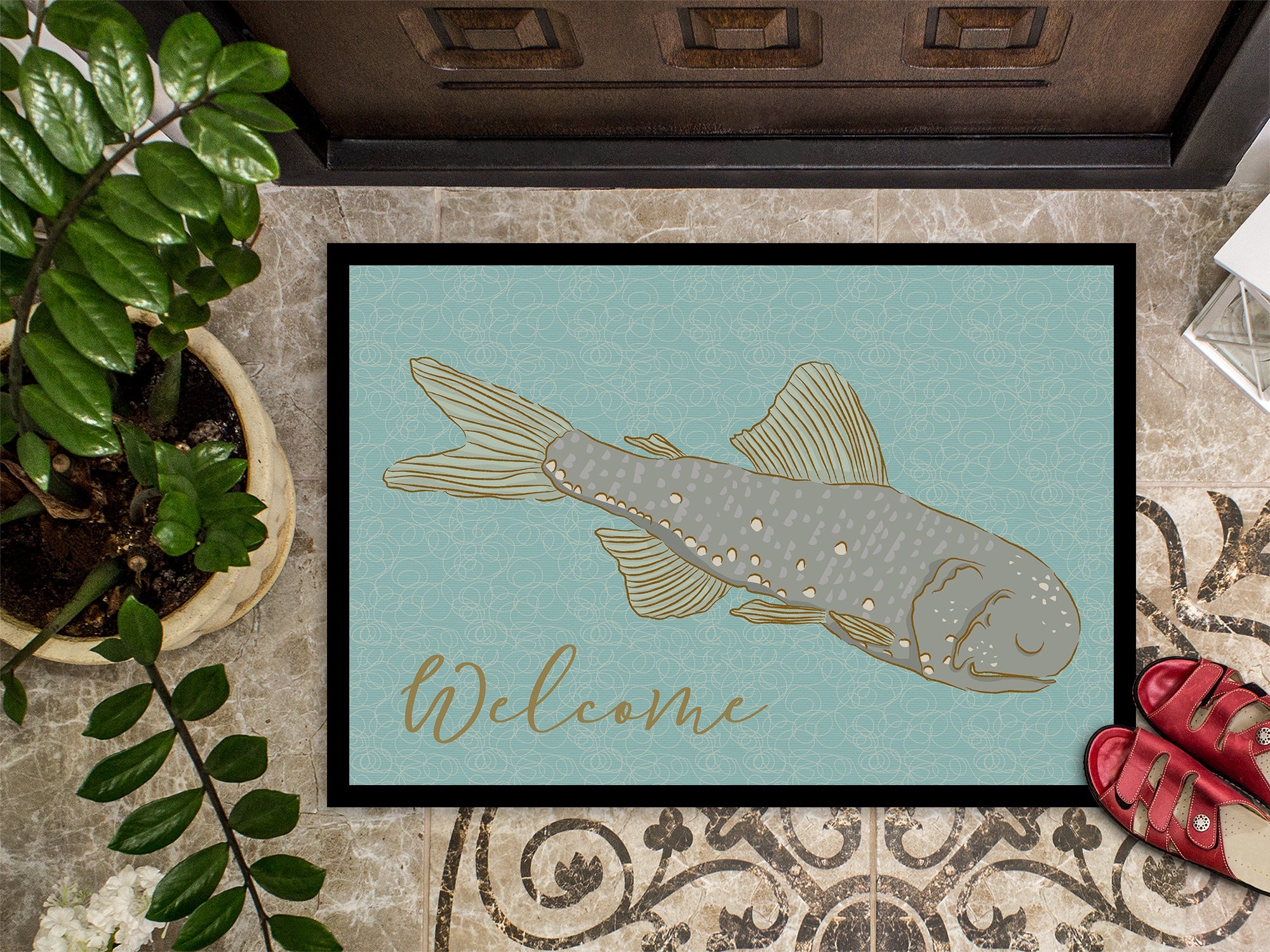 Fish Welcome Doormat Indoor Outdoor 24H X 36W Front Door Mat Rugs for Entryway, Non Slip Washable Low Pile,