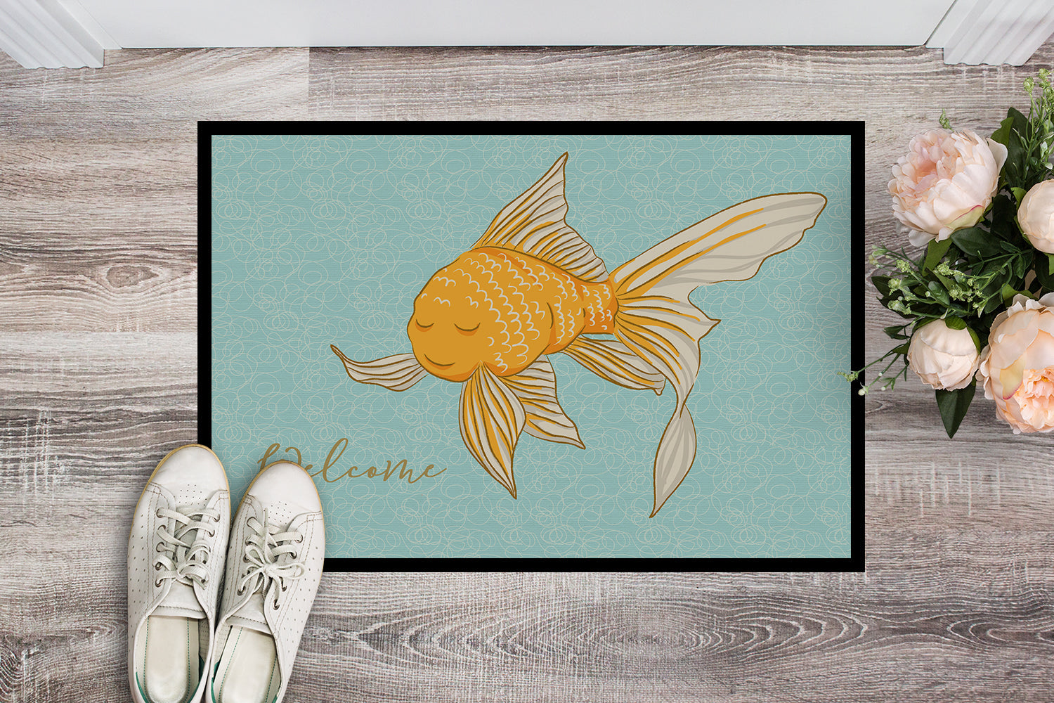 Gold Fish Welcome Doormat Indoor Outdoor 24H X 36W Front Door Mat Rugs for Entryway, Non Slip Washable Low Pile,