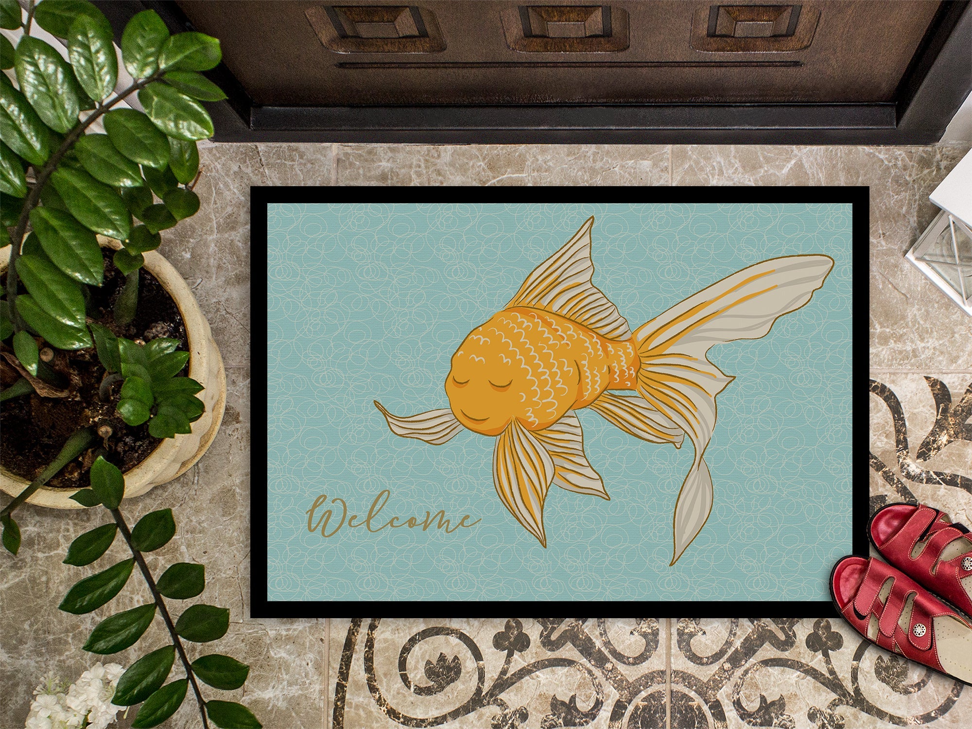 Gold Fish Welcome Doormat Indoor Outdoor 24H X 36W Front Door Mat Rugs for Entryway, Non Slip Washable Low Pile,