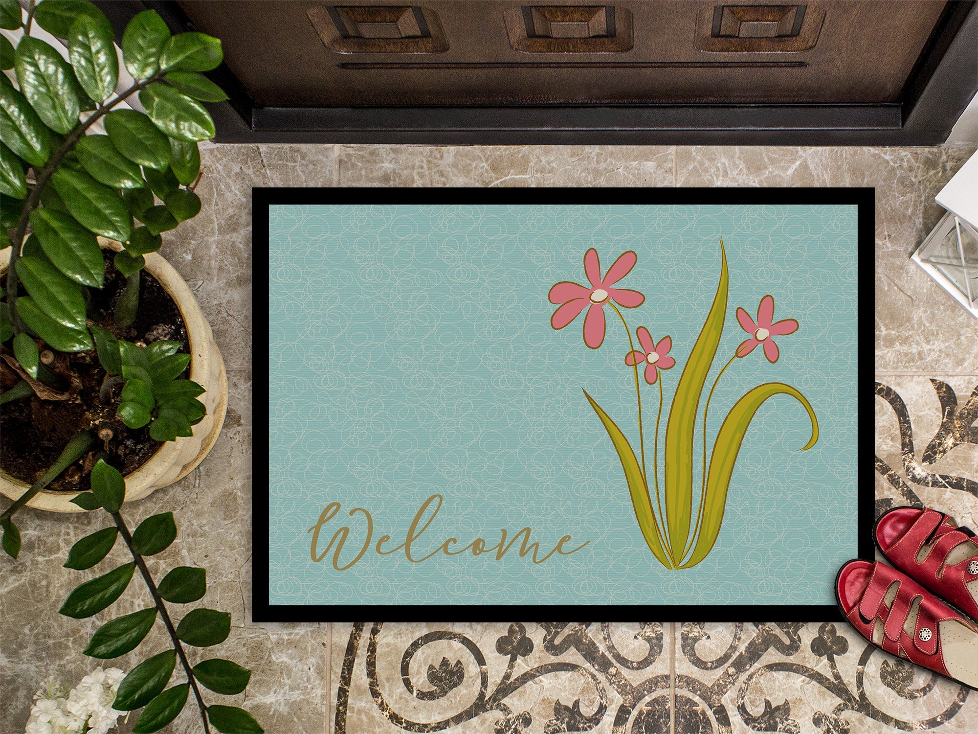Flowers Welcome Doormat Indoor Outdoor 24H X 36W Front Door Mat Rugs for Entryway, Non Slip Washable Low Pile,