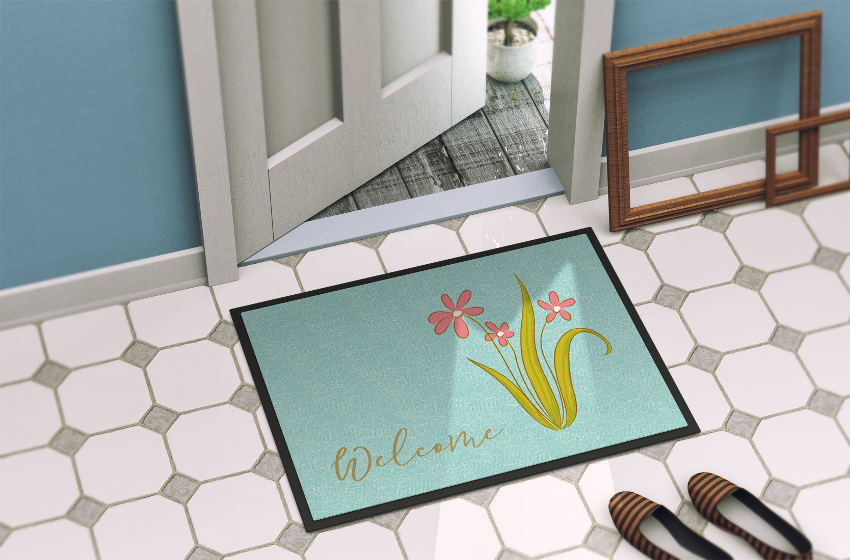 Flowers Welcome Doormat Indoor Outdoor 18H X 27W Front Door Mat Rugs for Entryway, Non Slip Washable
