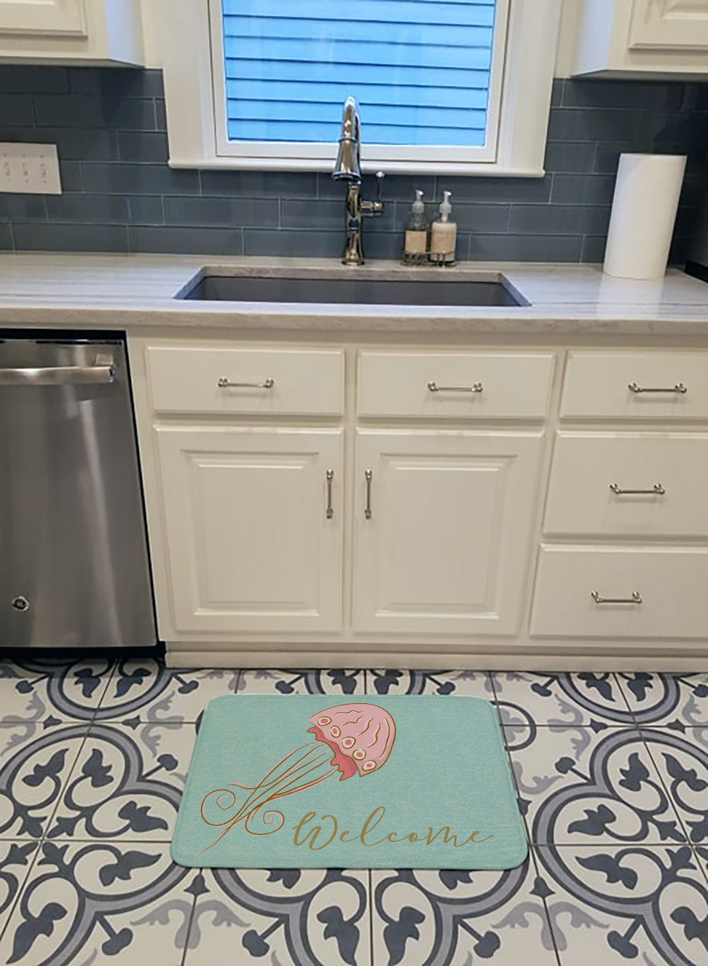 Jelly Fish Welcome Memory Foam Kitchen Mat Machine Washable Anti-Fatigue Cushion Comfort Bath or Kitchen Rug